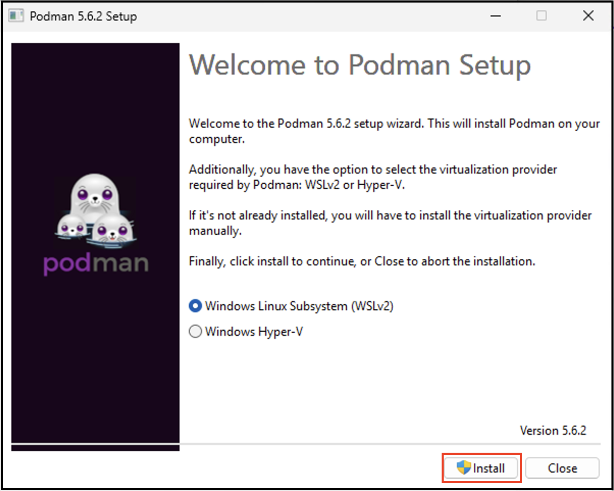 install button for Podman