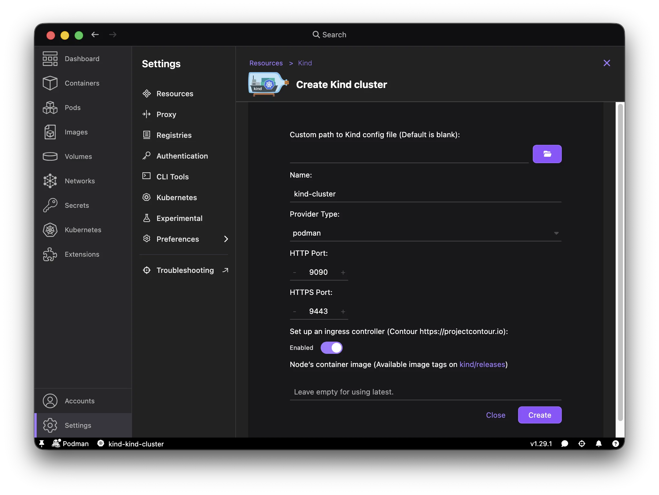 Settings > Resources showing Kind cluster creation