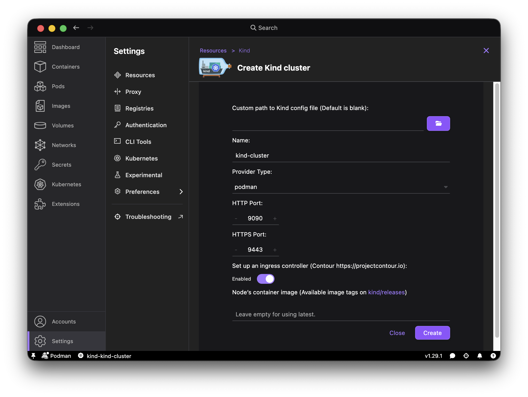 Settings > Resources showing Kind cluster creation