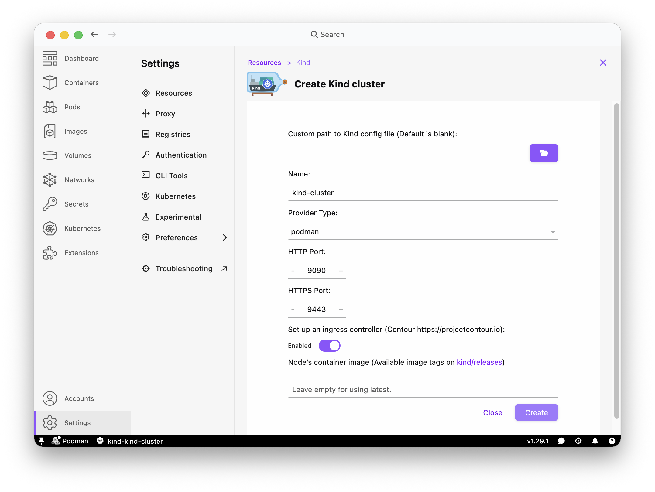 Settings > Resources showing Kind cluster creation