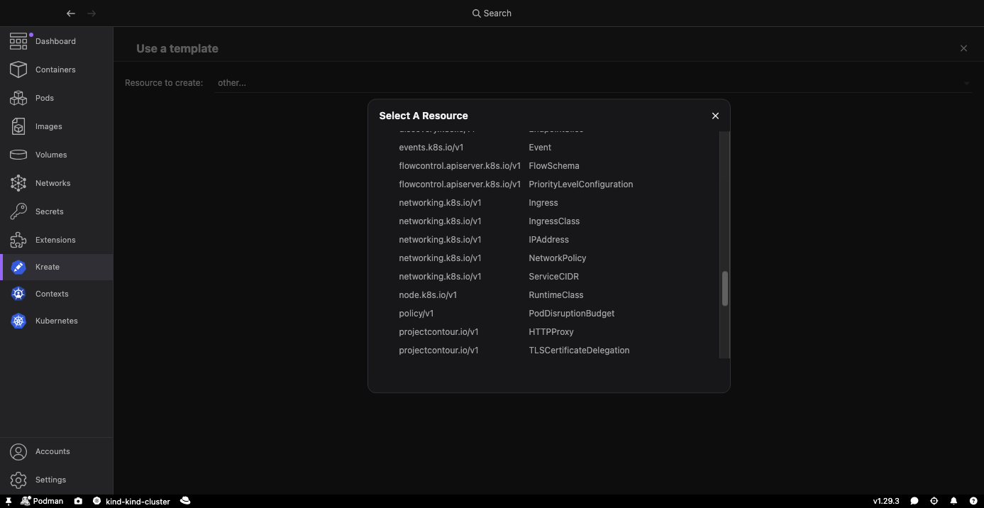 Kreate resource type selection