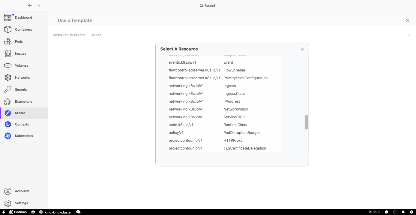 Kreate resource type selection
