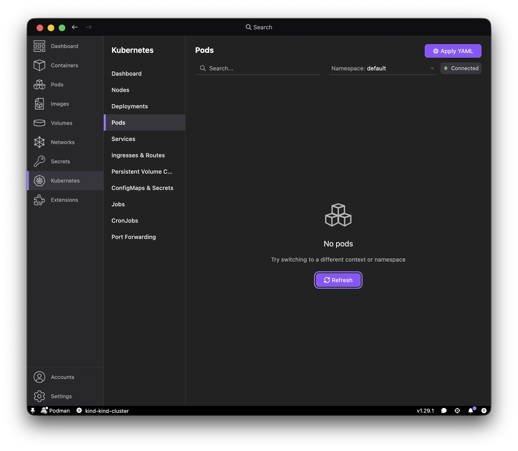 Podman Desktop Kubernetes > Pods > Apply YAML dialog