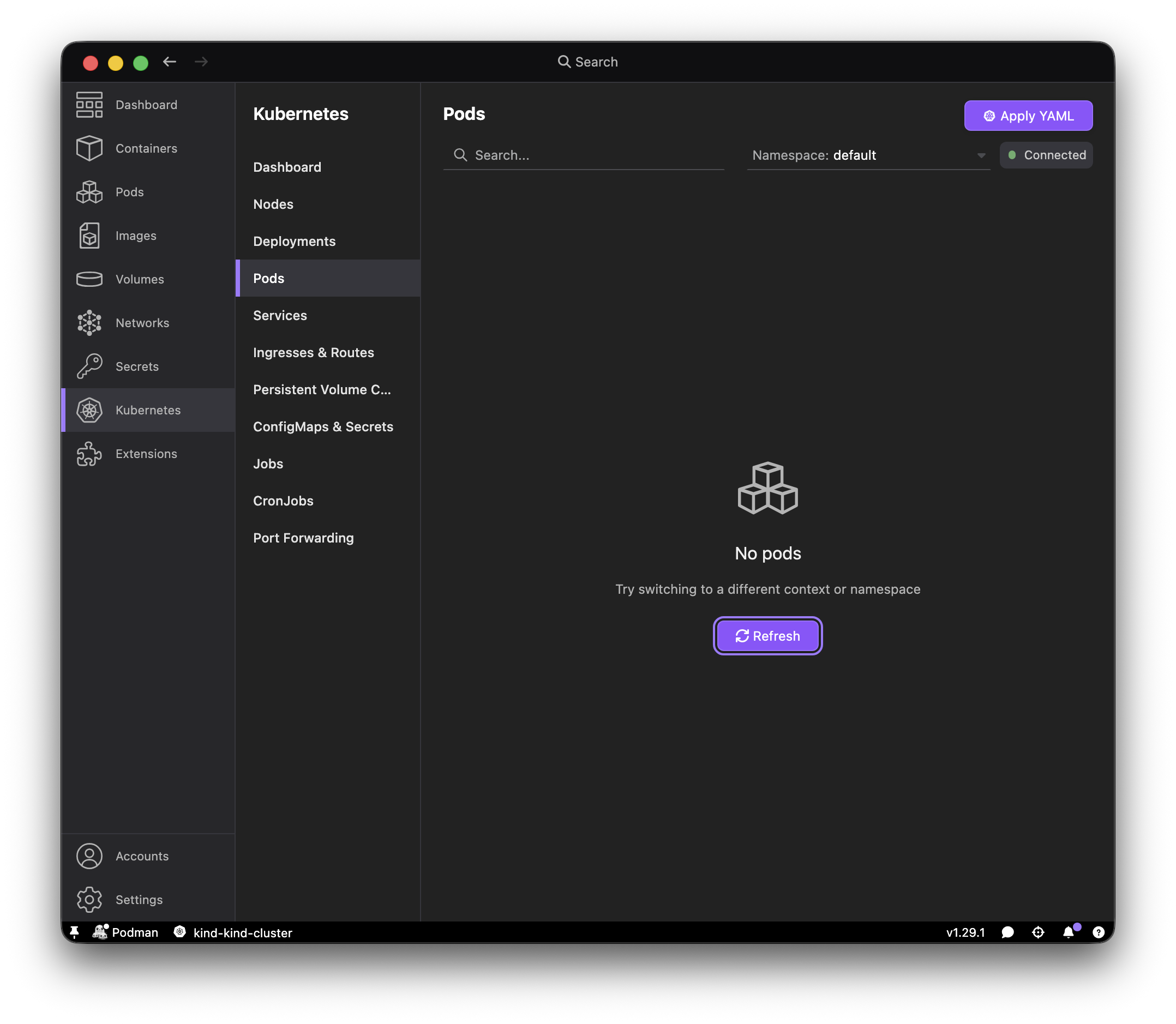 Podman Desktop Kubernetes > Pods > Apply YAML dialog