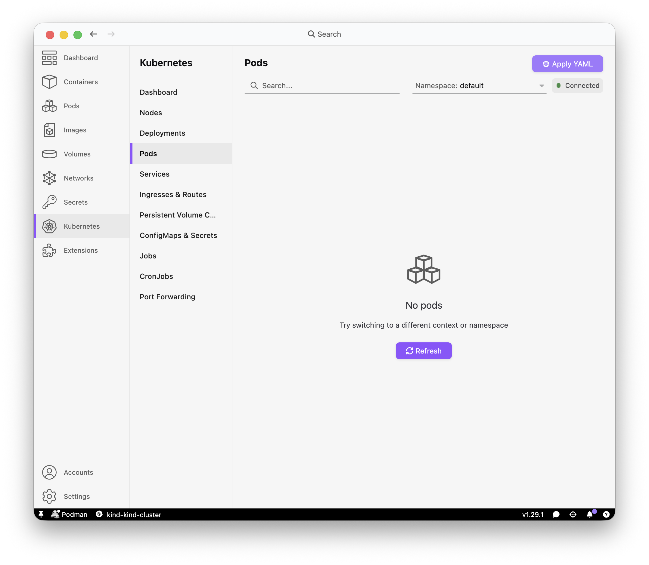Podman Desktop Kubernetes > Pods > Apply YAML dialog