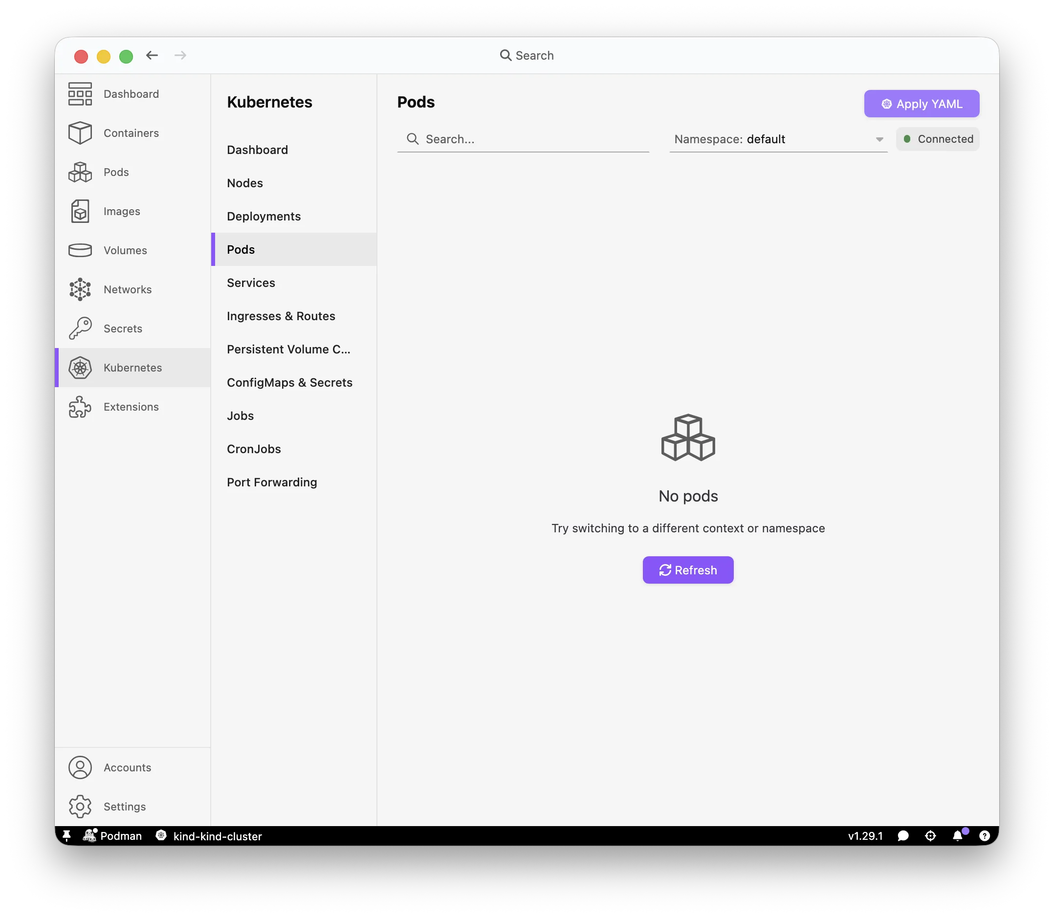 Podman Desktop Kubernetes > Pods > Apply YAML dialog