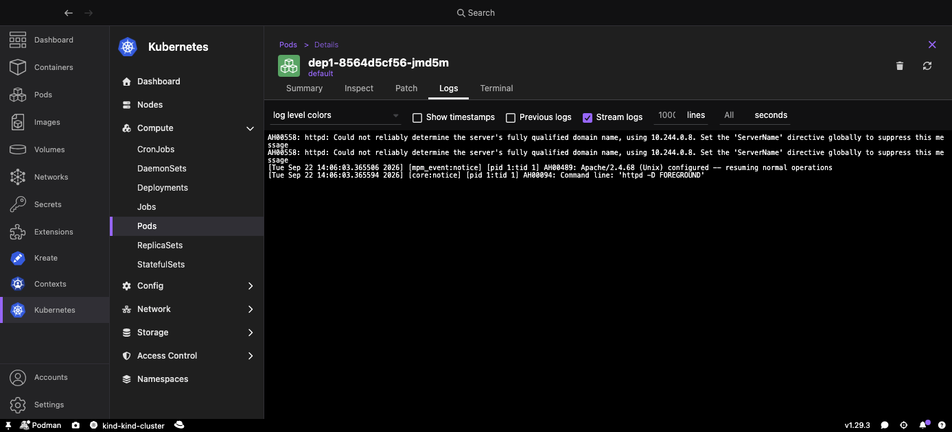 Container logs page