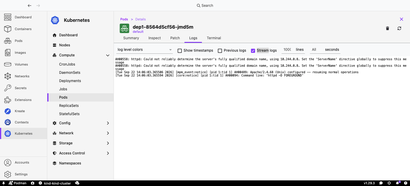 Container logs page