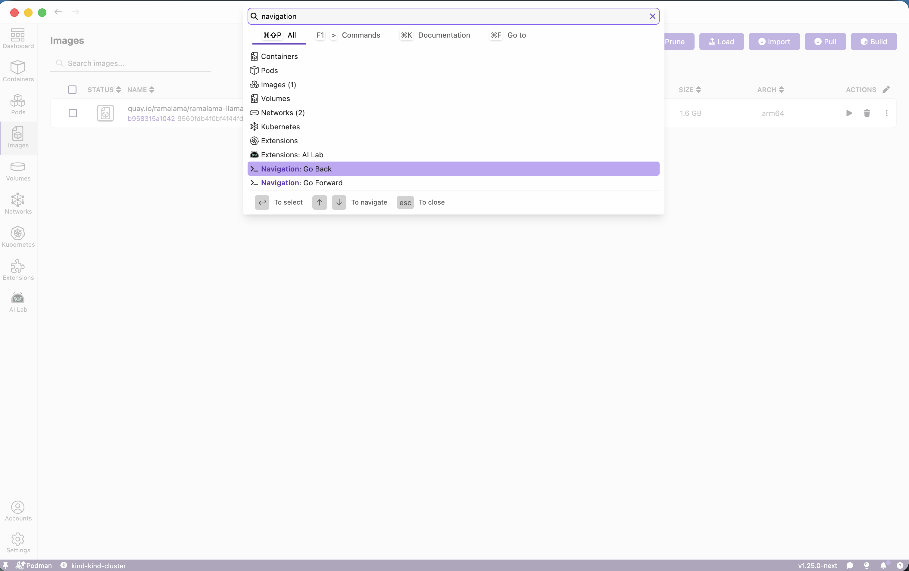 Navigation history controls command palette