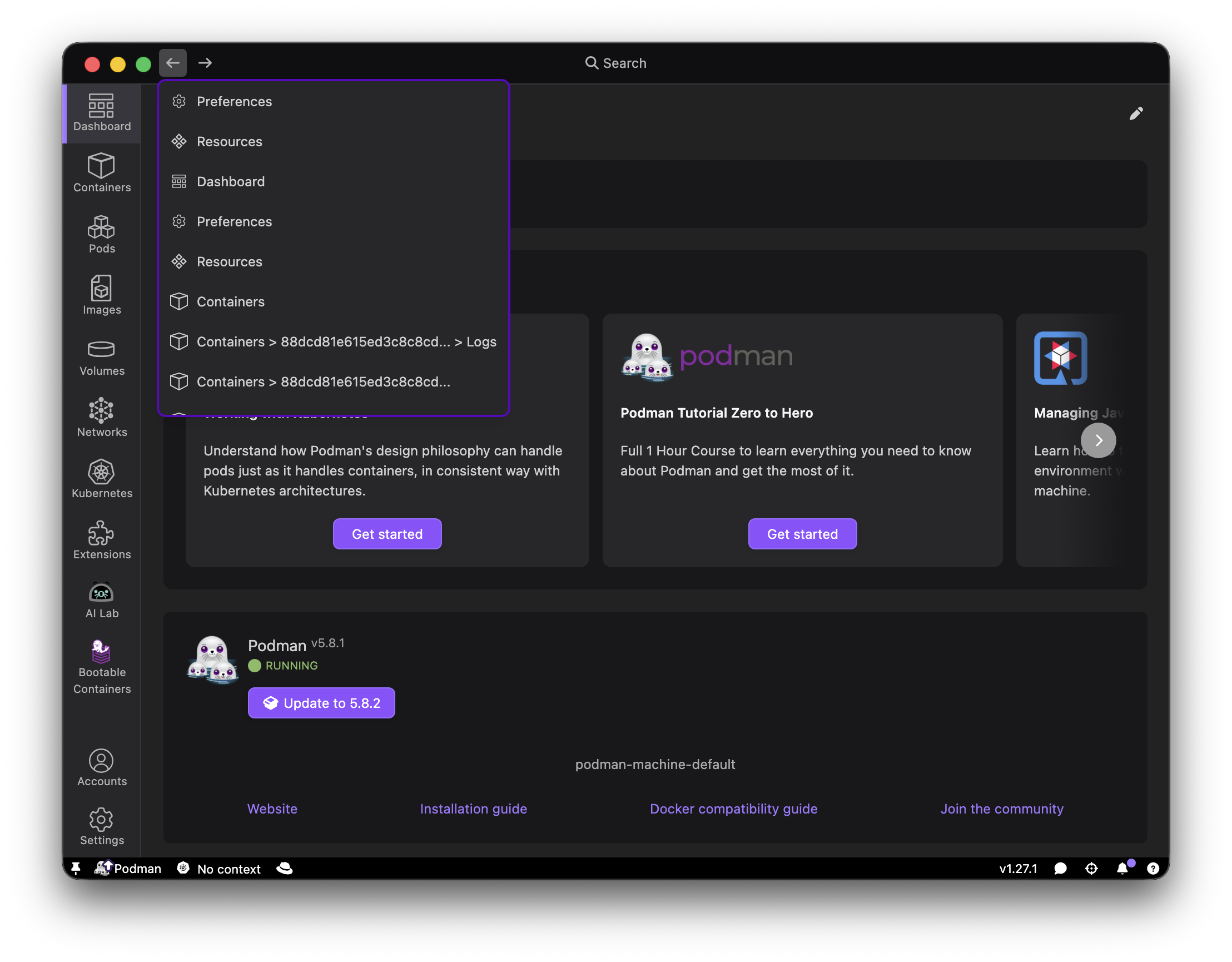 Navigation history dropdown