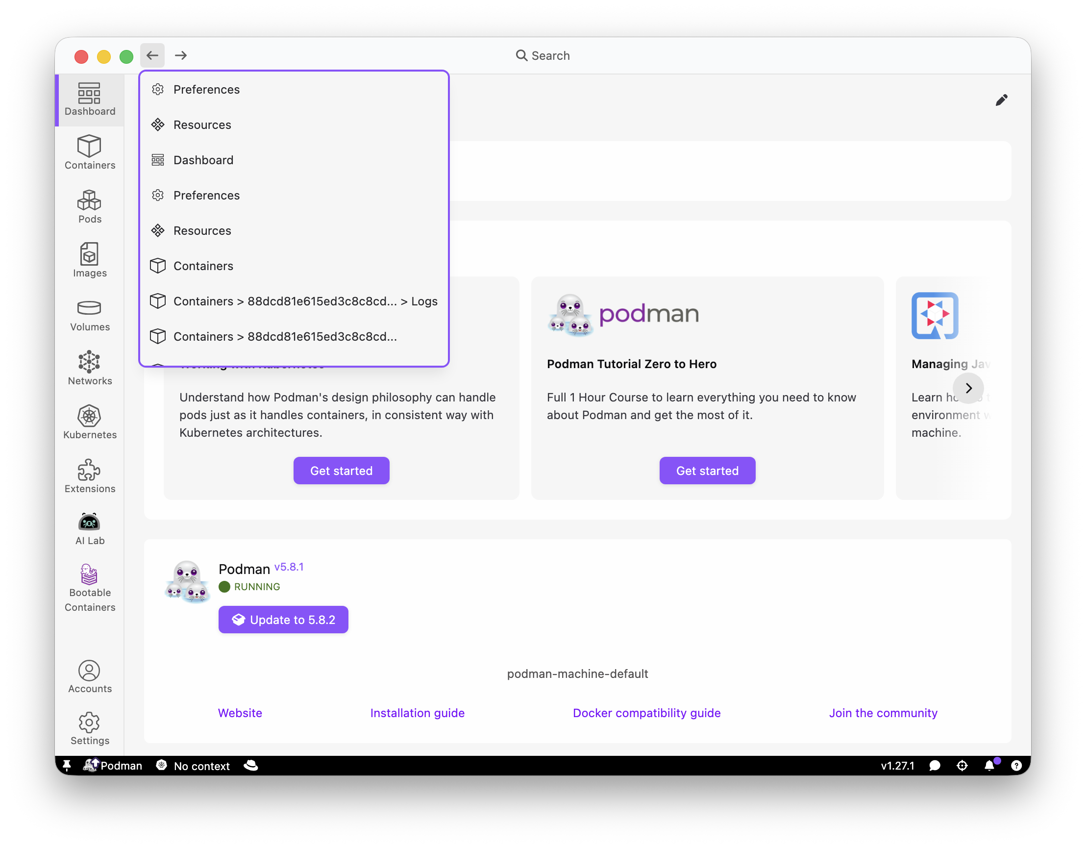 Navigation history dropdown
