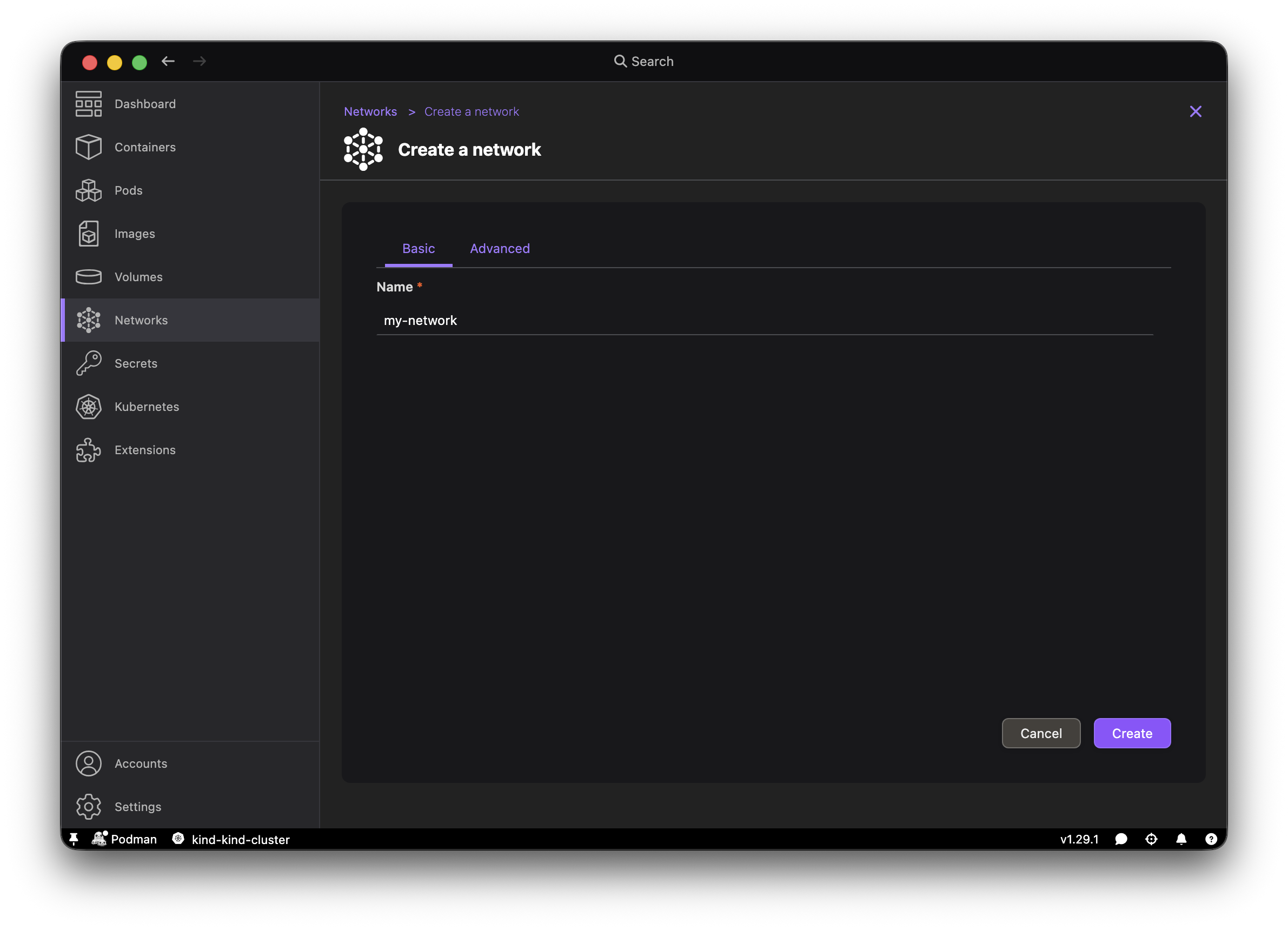 Podman Desktop Networks > Create Network dialog