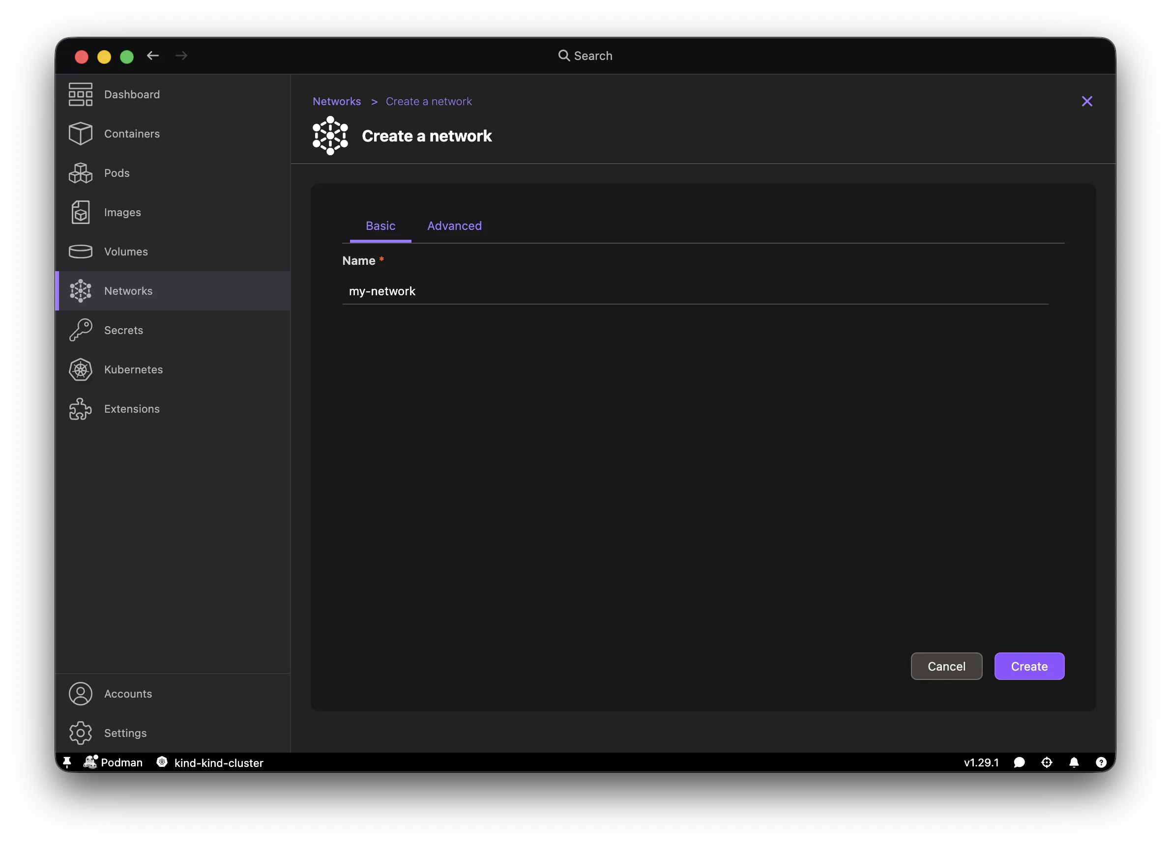 Podman Desktop Networks > Create Network dialog