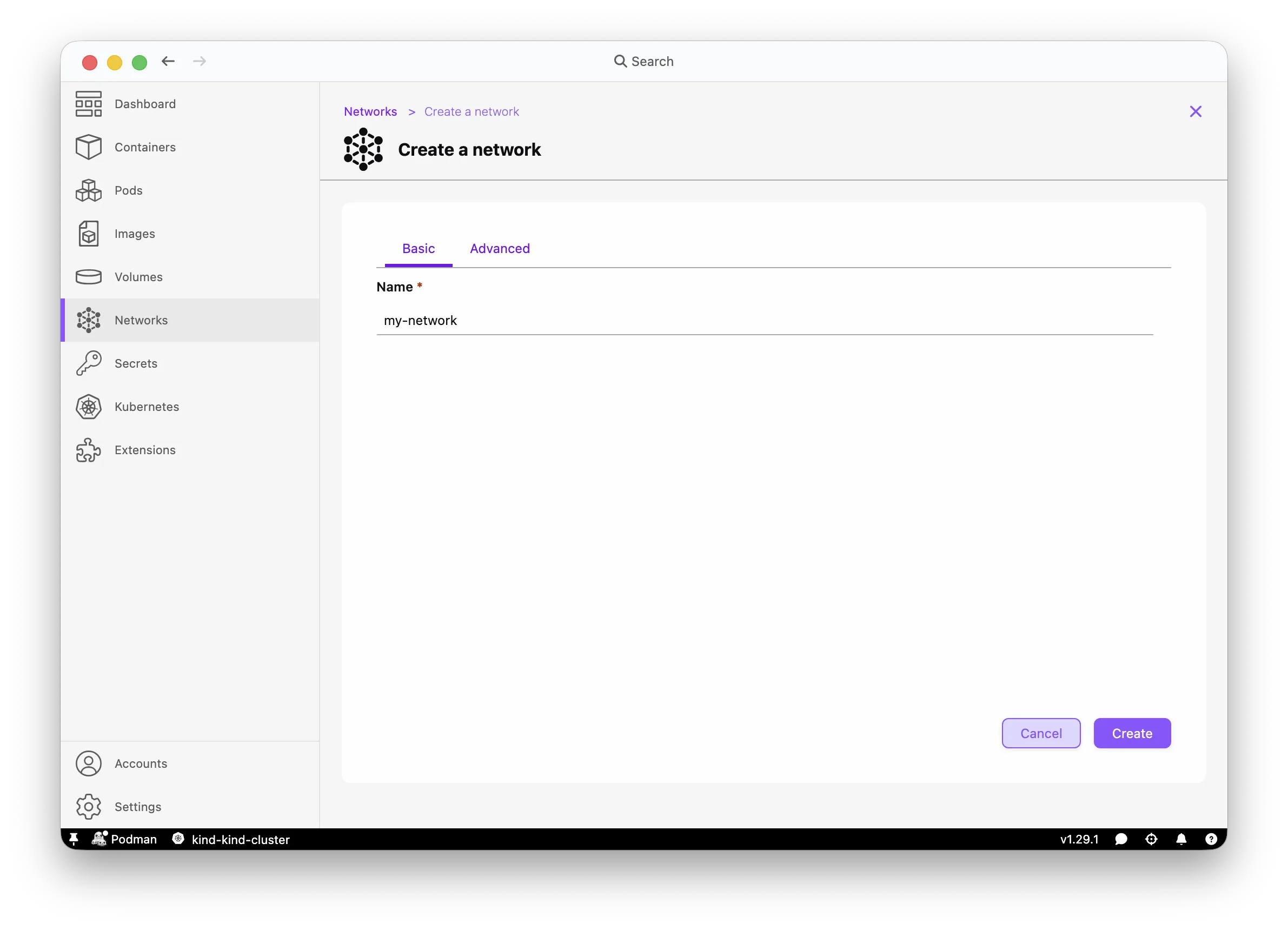 Podman Desktop Networks > Create Network dialog