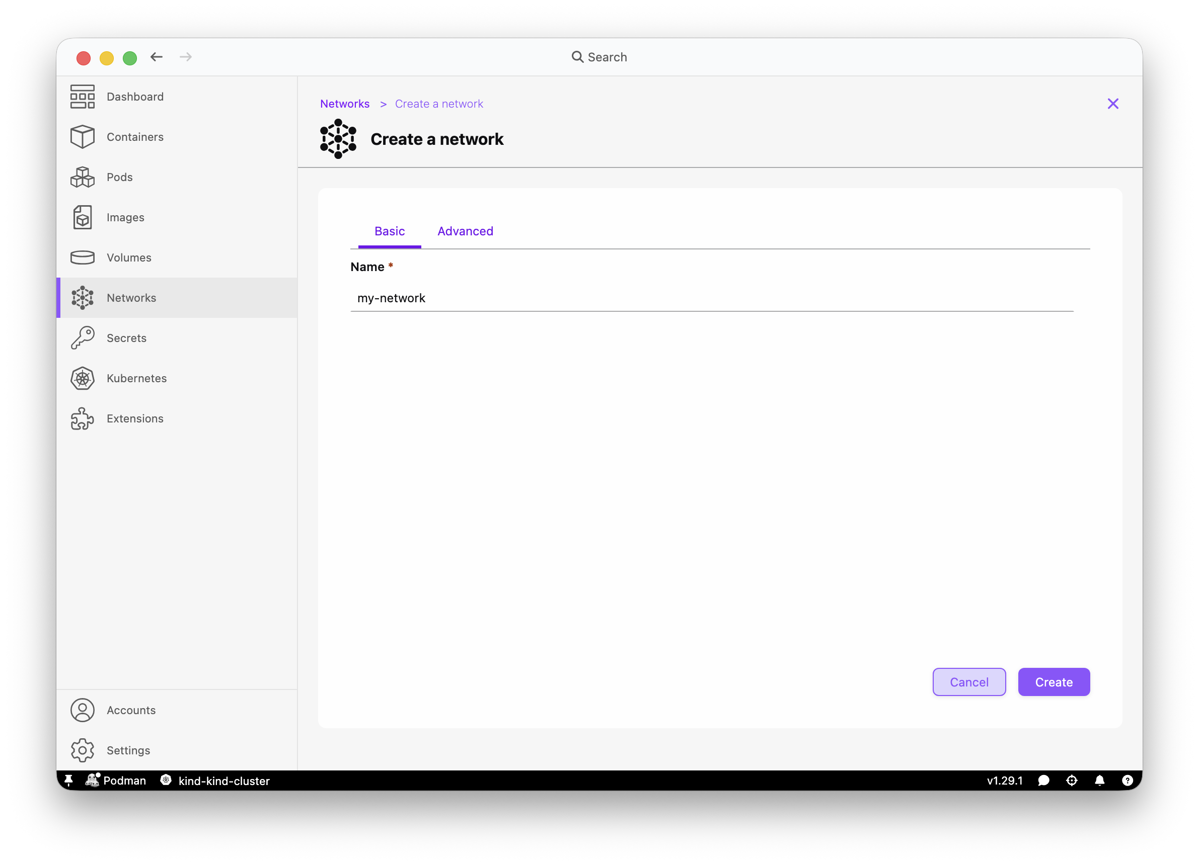 Podman Desktop Networks > Create Network dialog