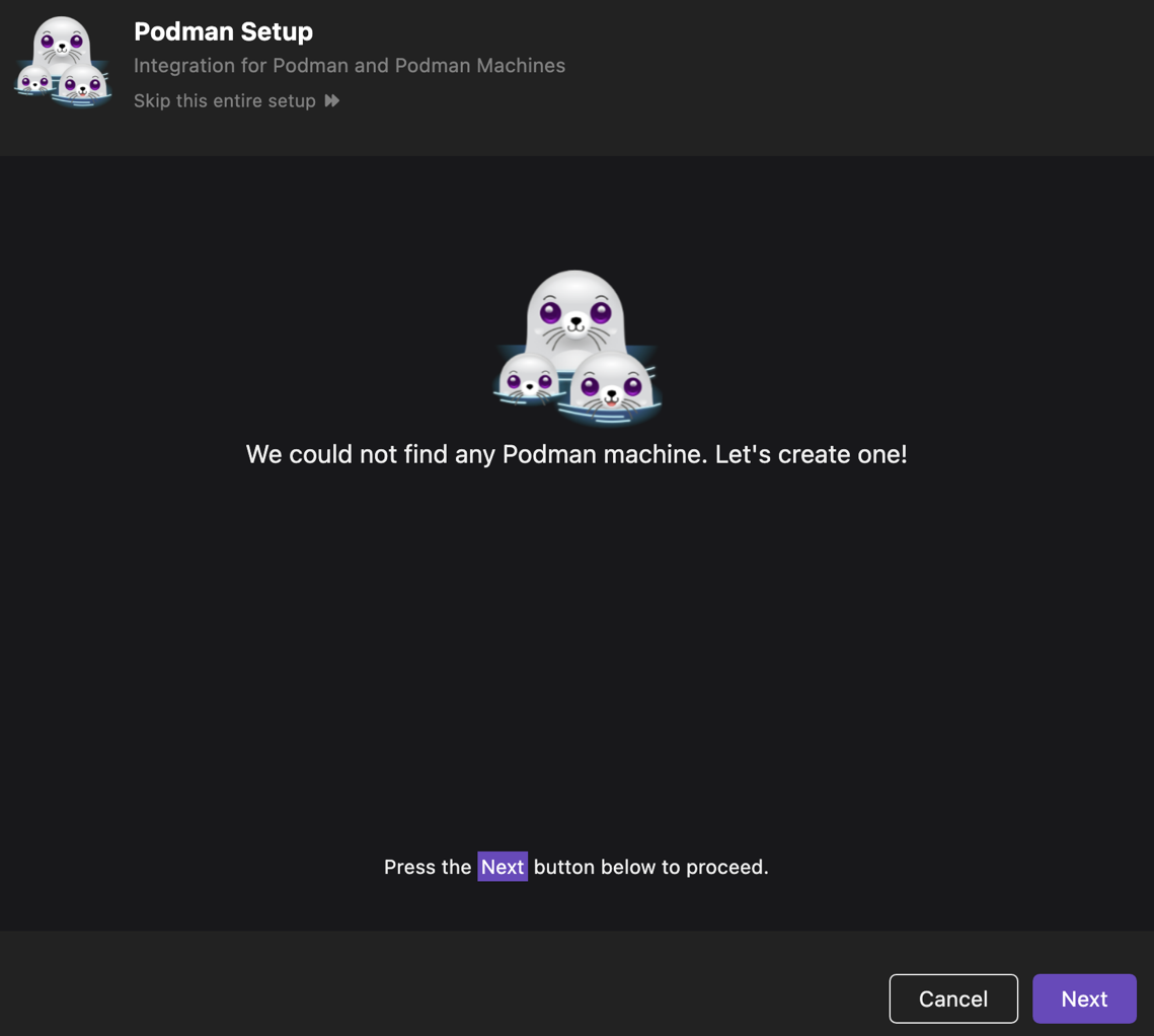 notification to create a podman machine