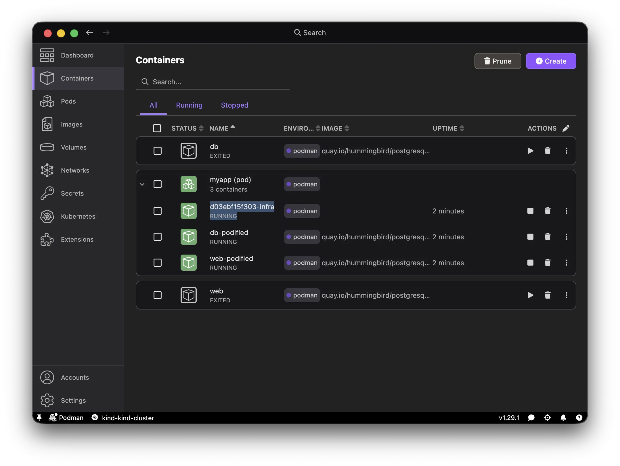 Podman Desktop Containers page showing the myapp-infra container alongside db and web inside the pod