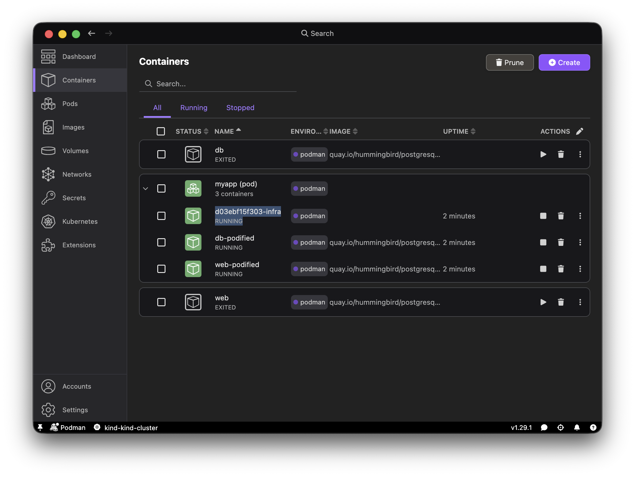 Podman Desktop Containers page showing the myapp-infra container alongside db and web inside the pod