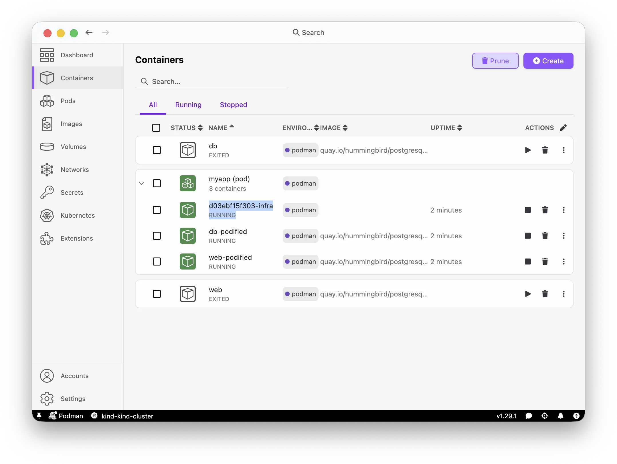 Podman Desktop Containers page showing the myapp-infra container alongside db and web inside the pod
