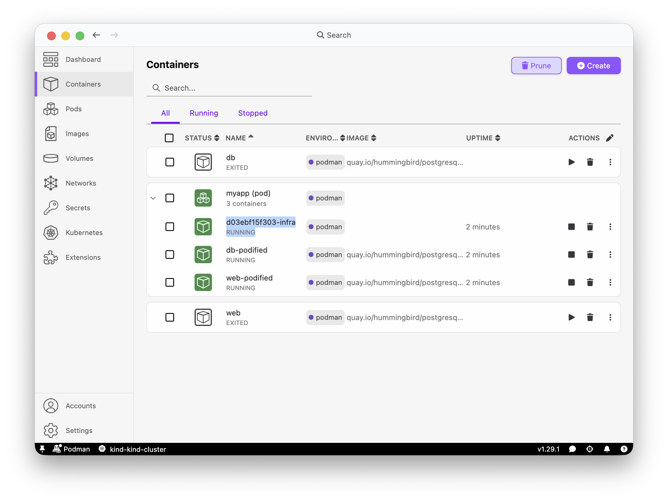 Podman Desktop Containers page showing the myapp-infra container alongside db and web inside the pod