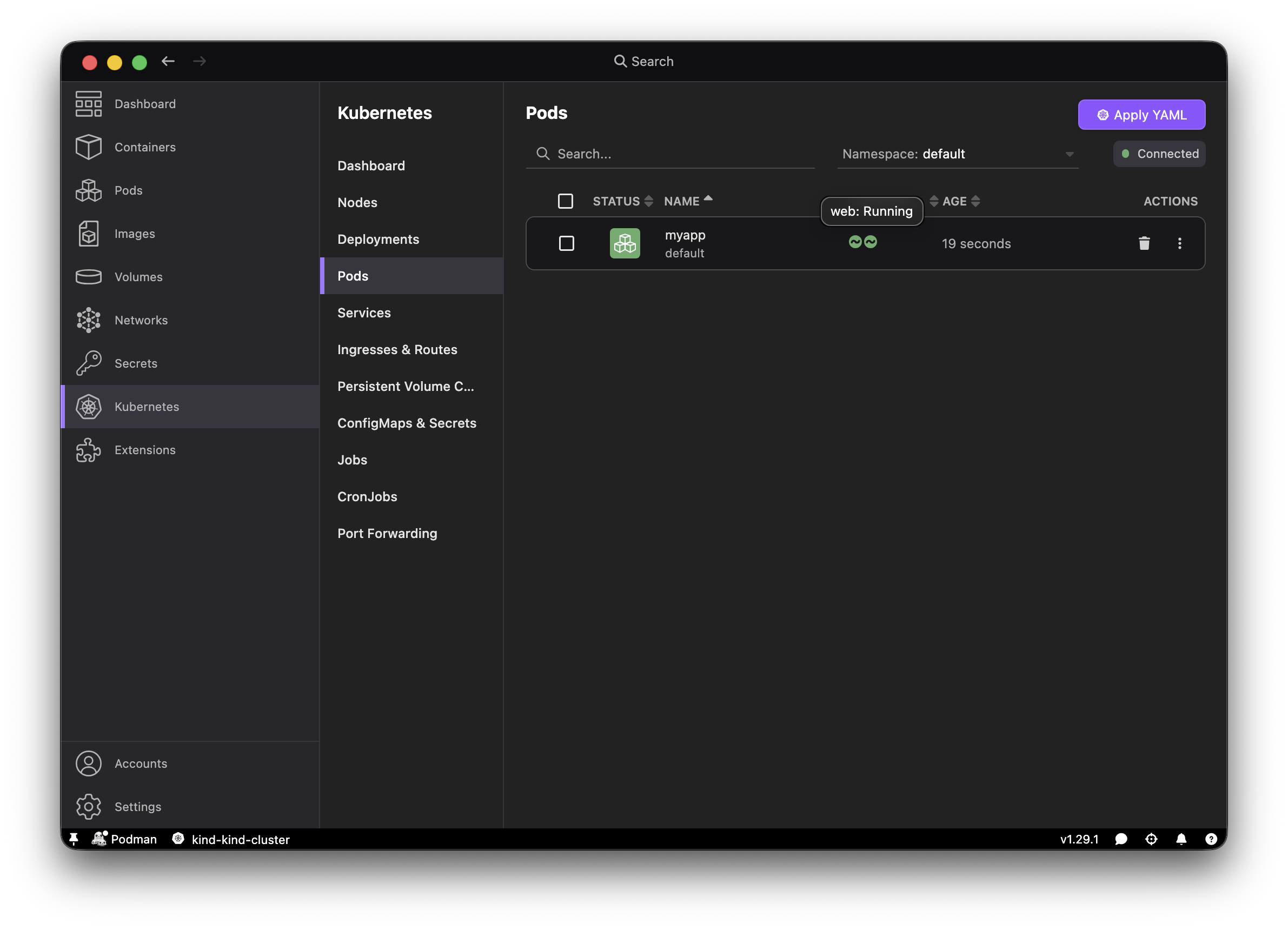 Kubernetes > Pods view showing myapp pod running successfully