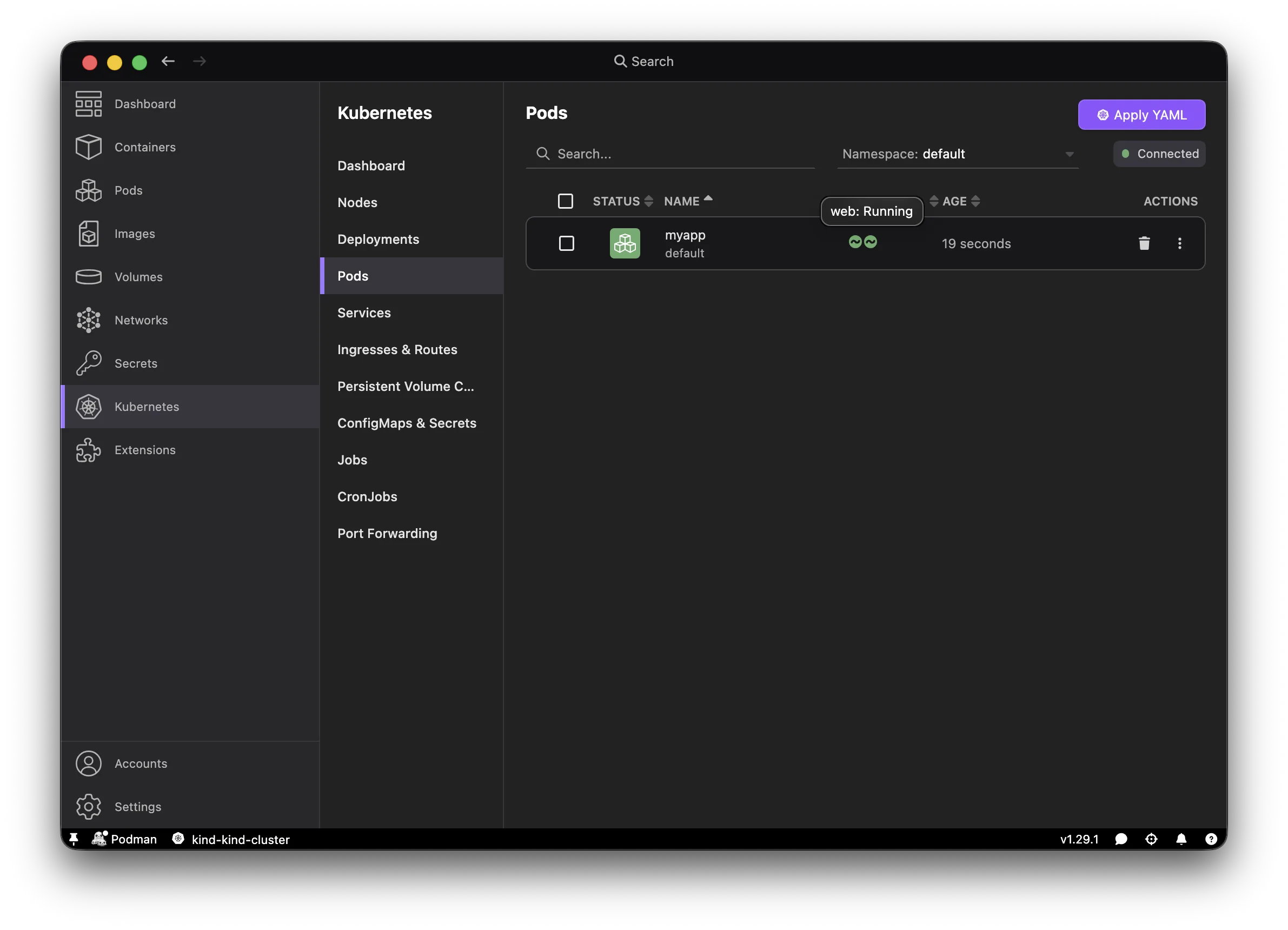 Kubernetes > Pods view showing myapp pod running successfully