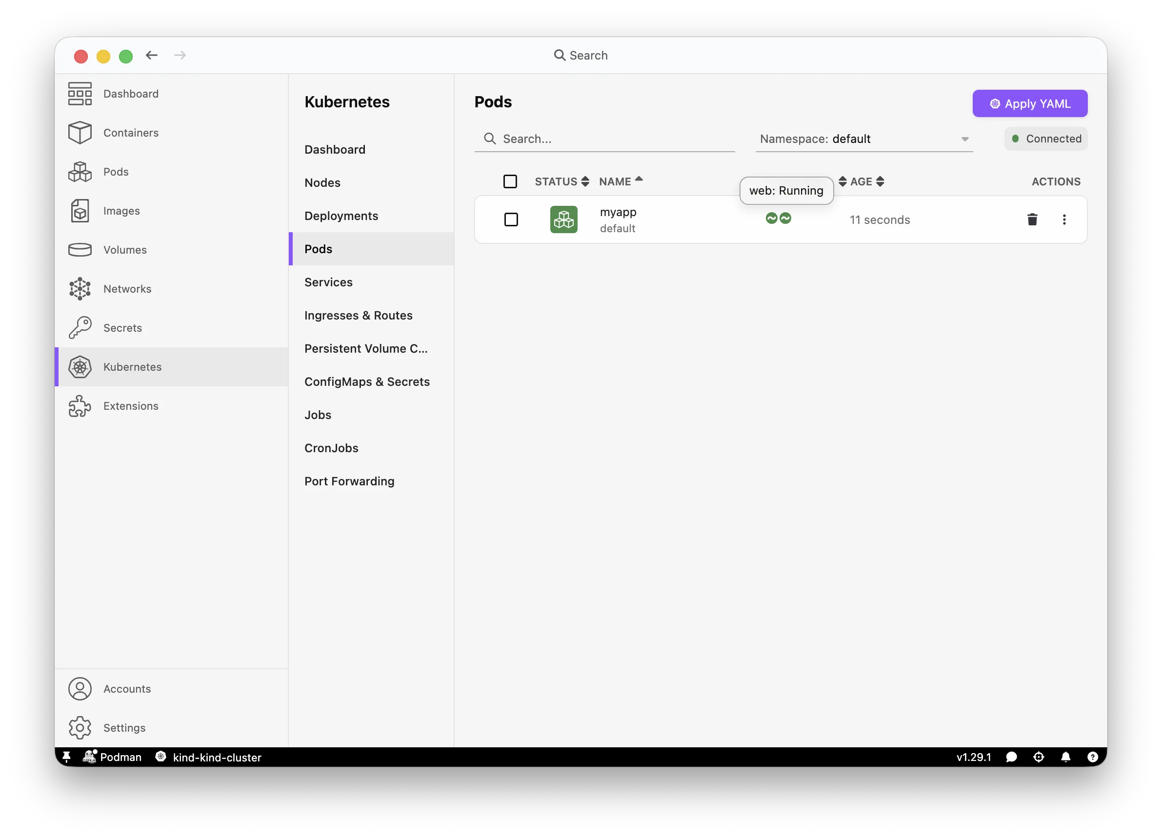 Kubernetes > Pods view showing myapp pod running successfully