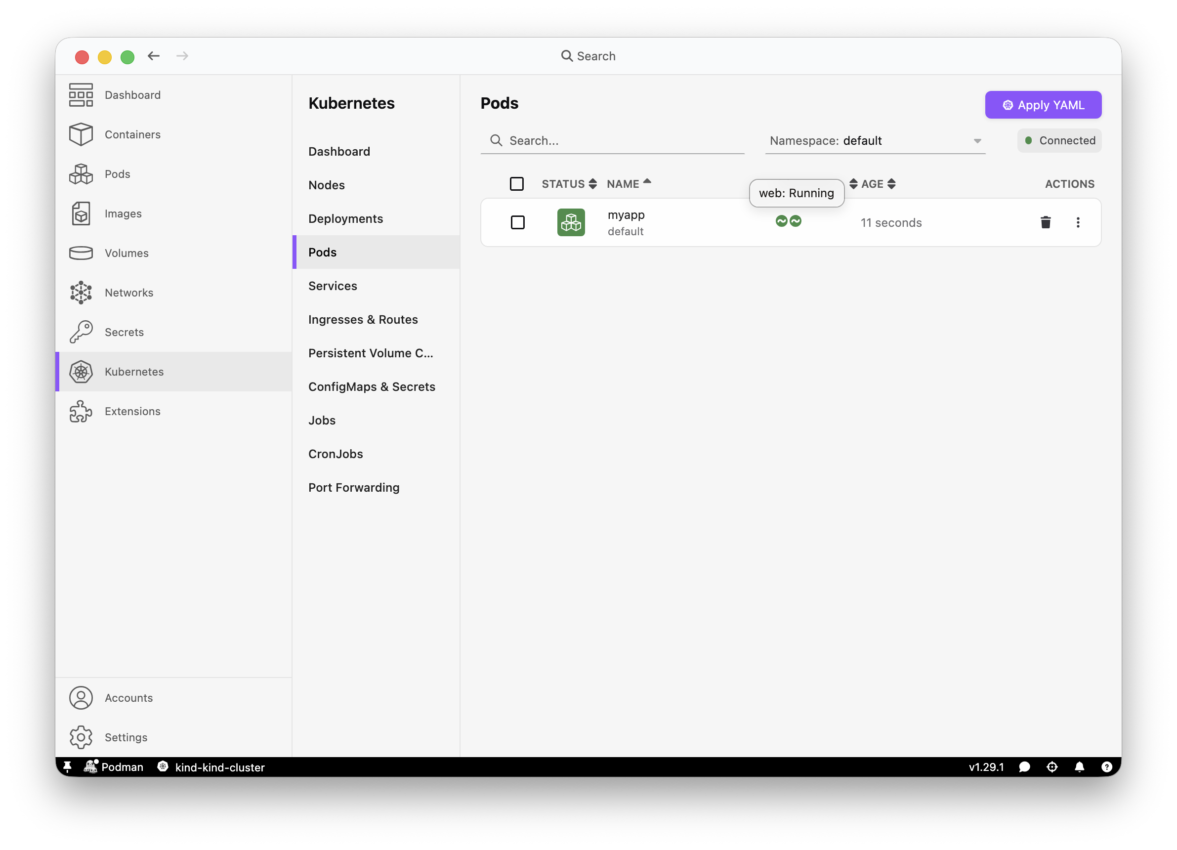 Kubernetes > Pods view showing myapp pod running successfully