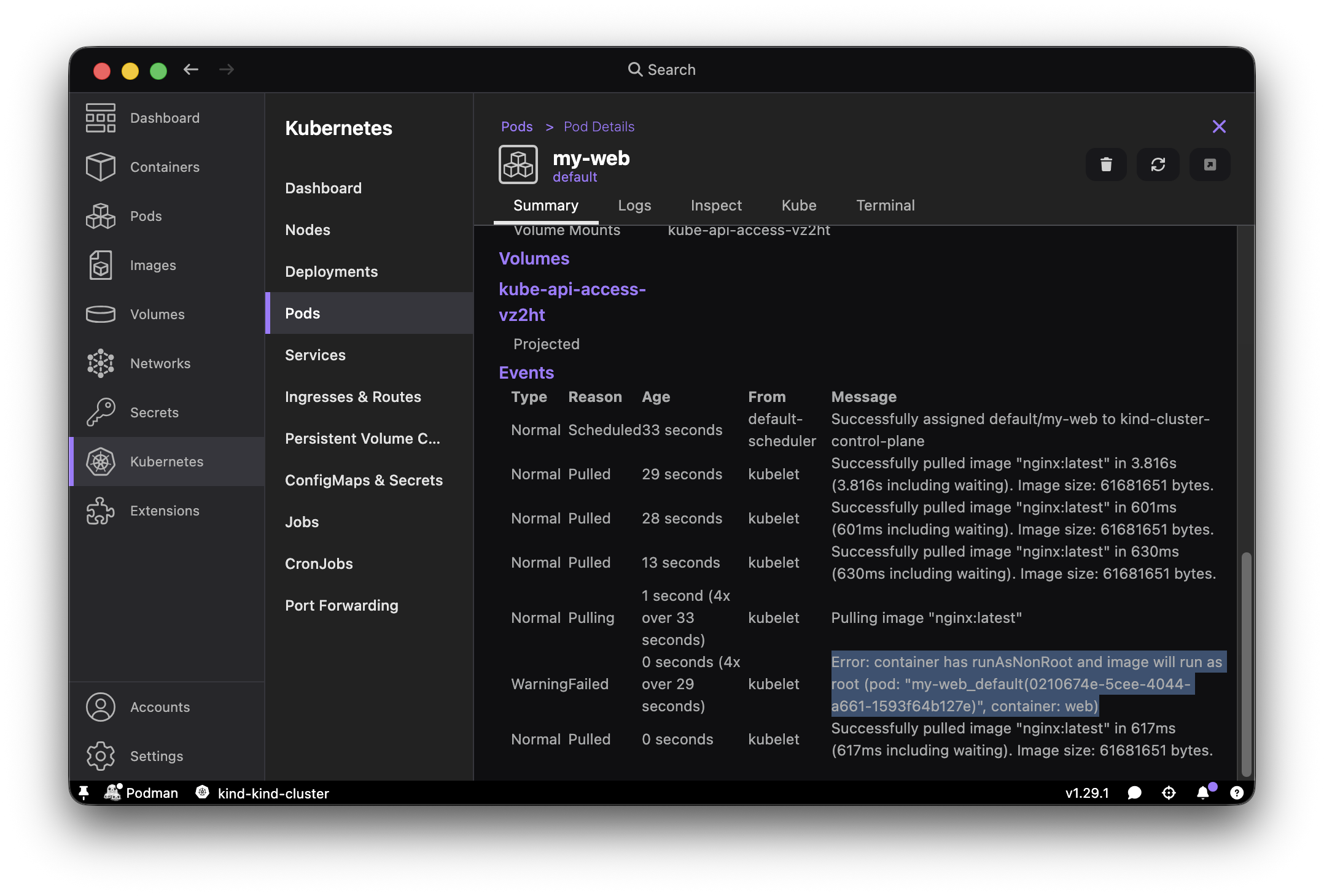 Kubernetes > Pods view showing nginx-root pod in CreateContainerConfigError state