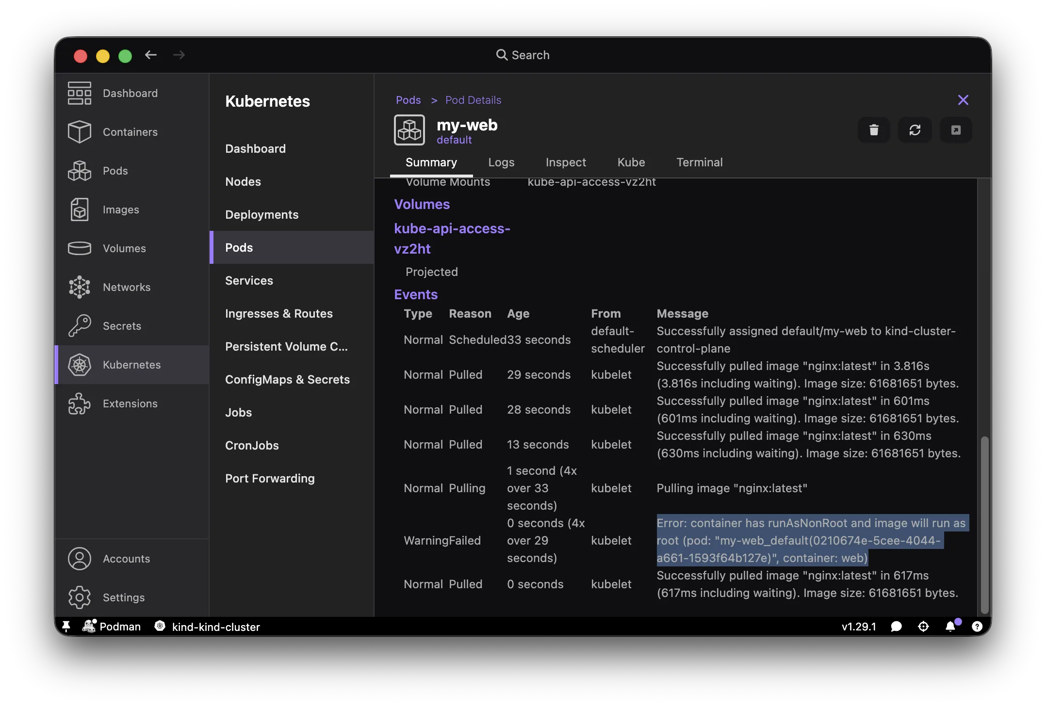 Kubernetes > Pods view showing nginx-root pod in CreateContainerConfigError state