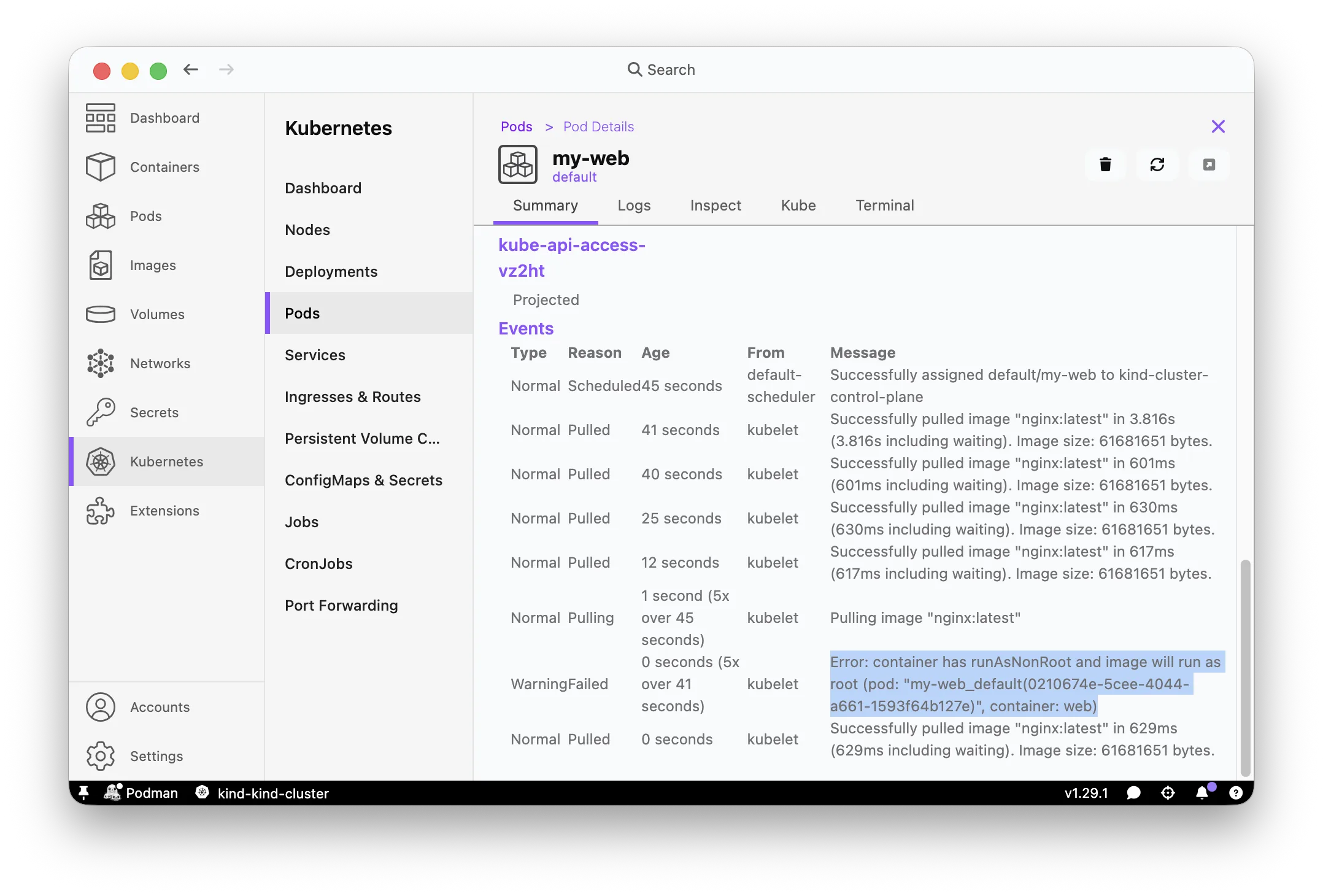 Kubernetes > Pods view showing nginx-root pod in CreateContainerConfigError state