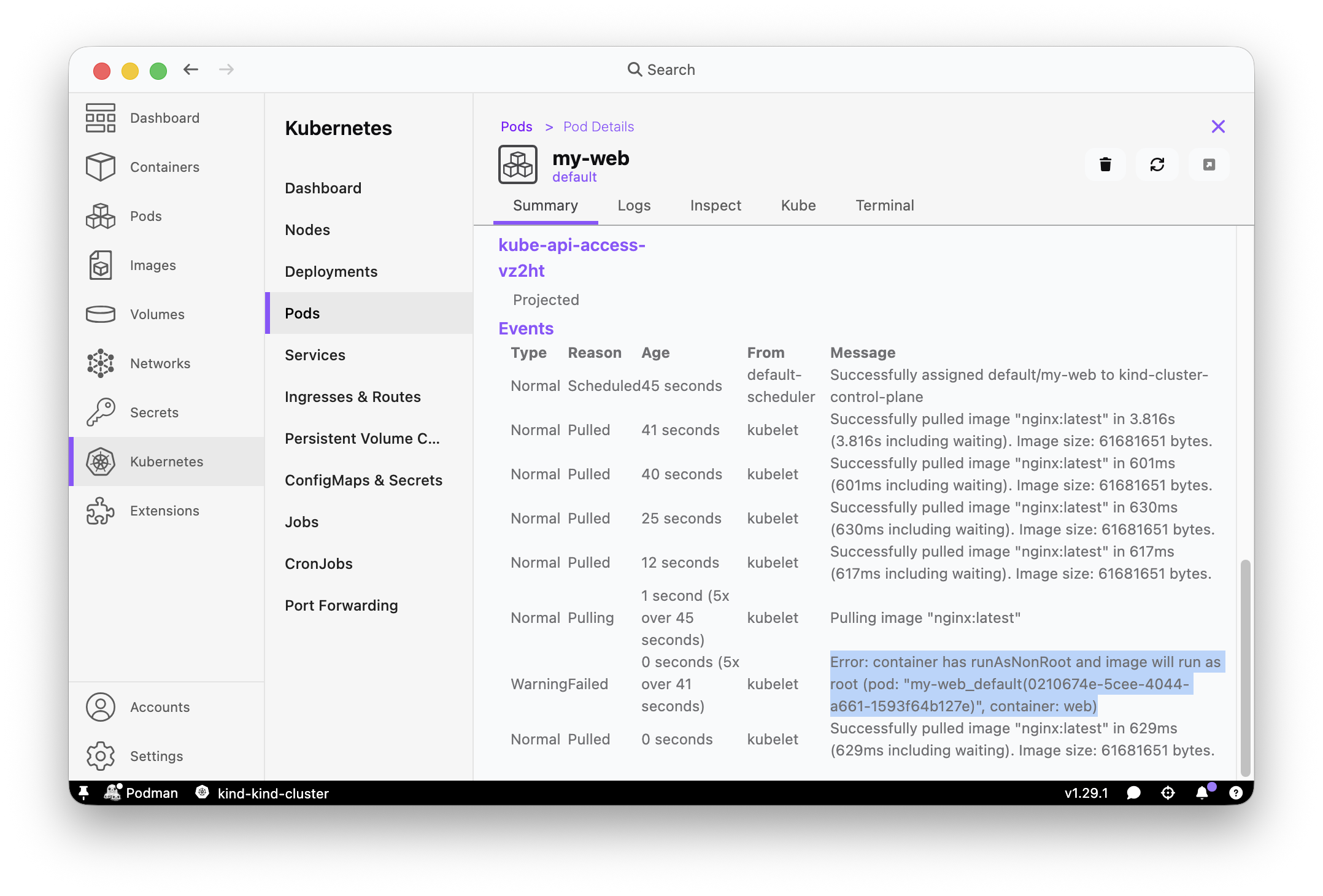 Kubernetes > Pods view showing nginx-root pod in CreateContainerConfigError state