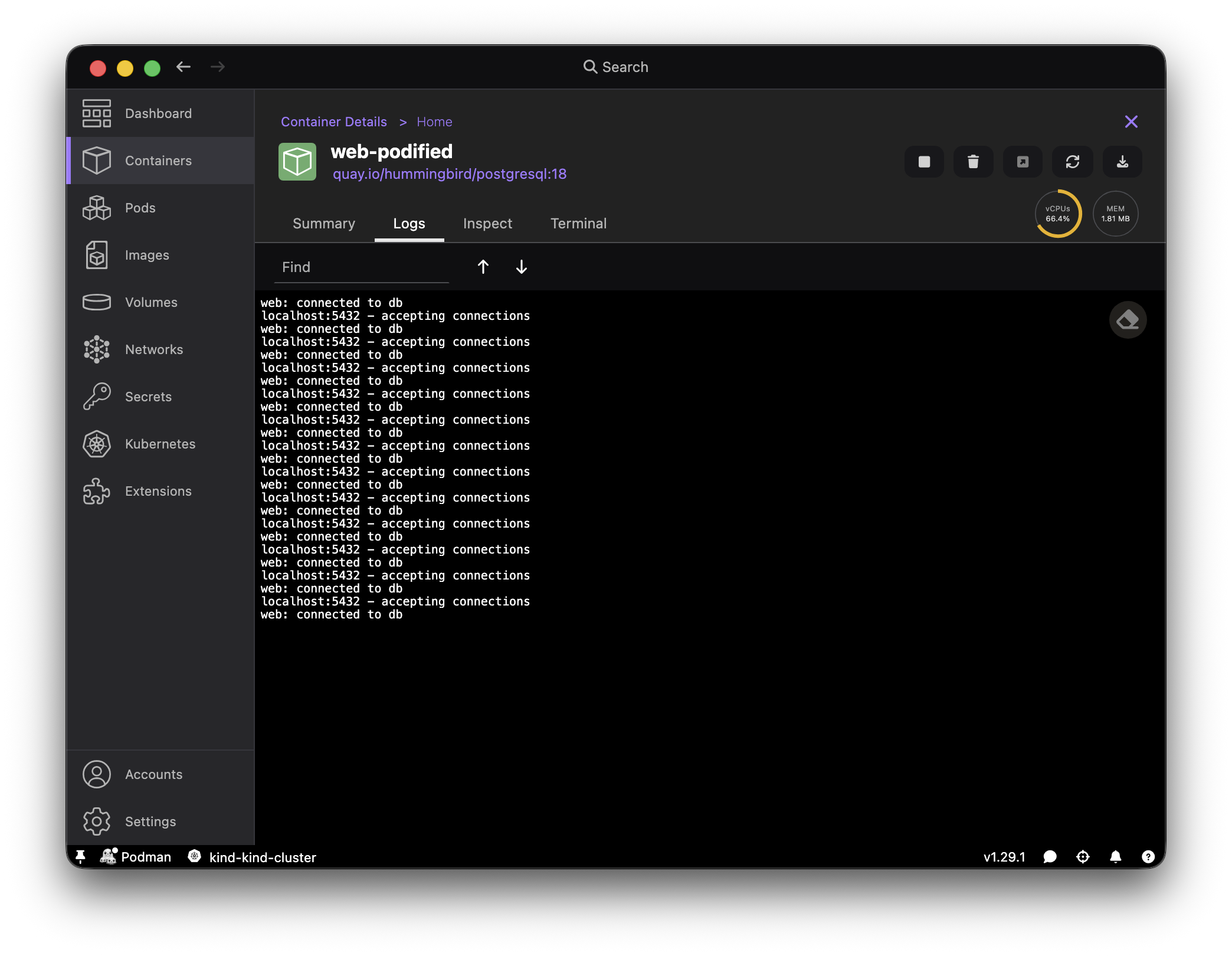 Podman Desktop web container logs showing localhost connectivity to db