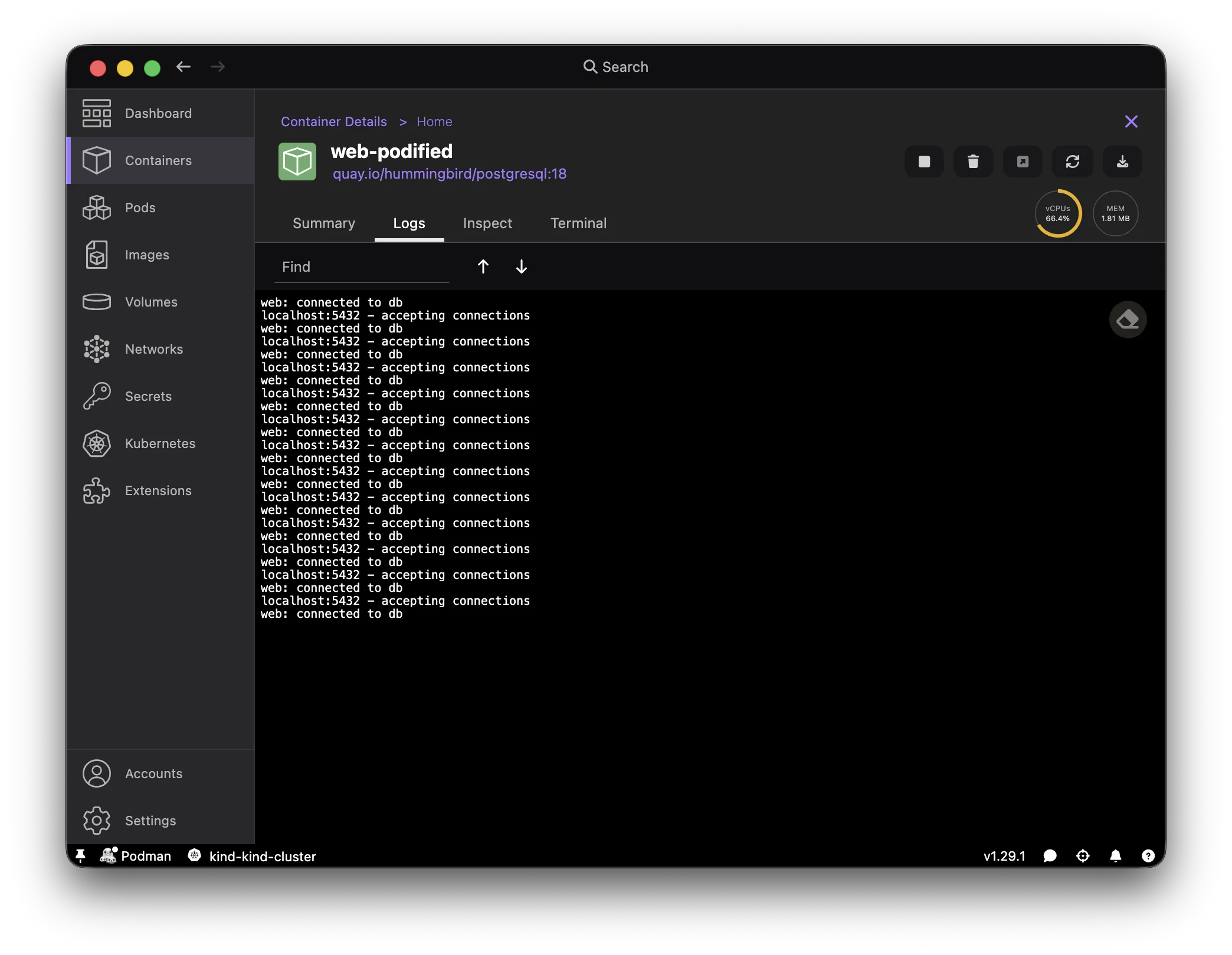 Podman Desktop web container logs showing localhost connectivity to db