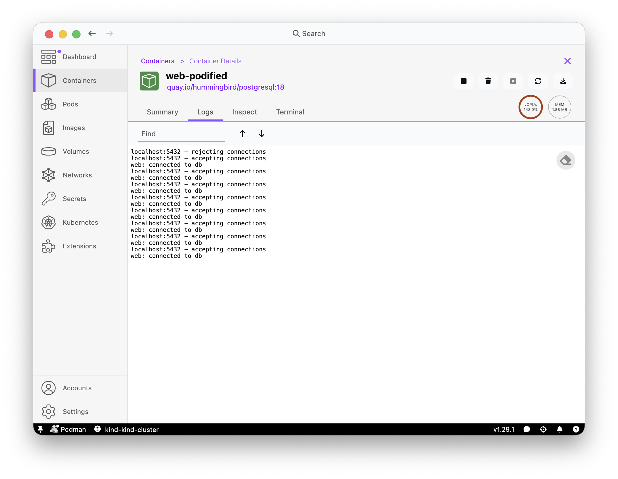 Podman Desktop web container logs showing localhost connectivity to db