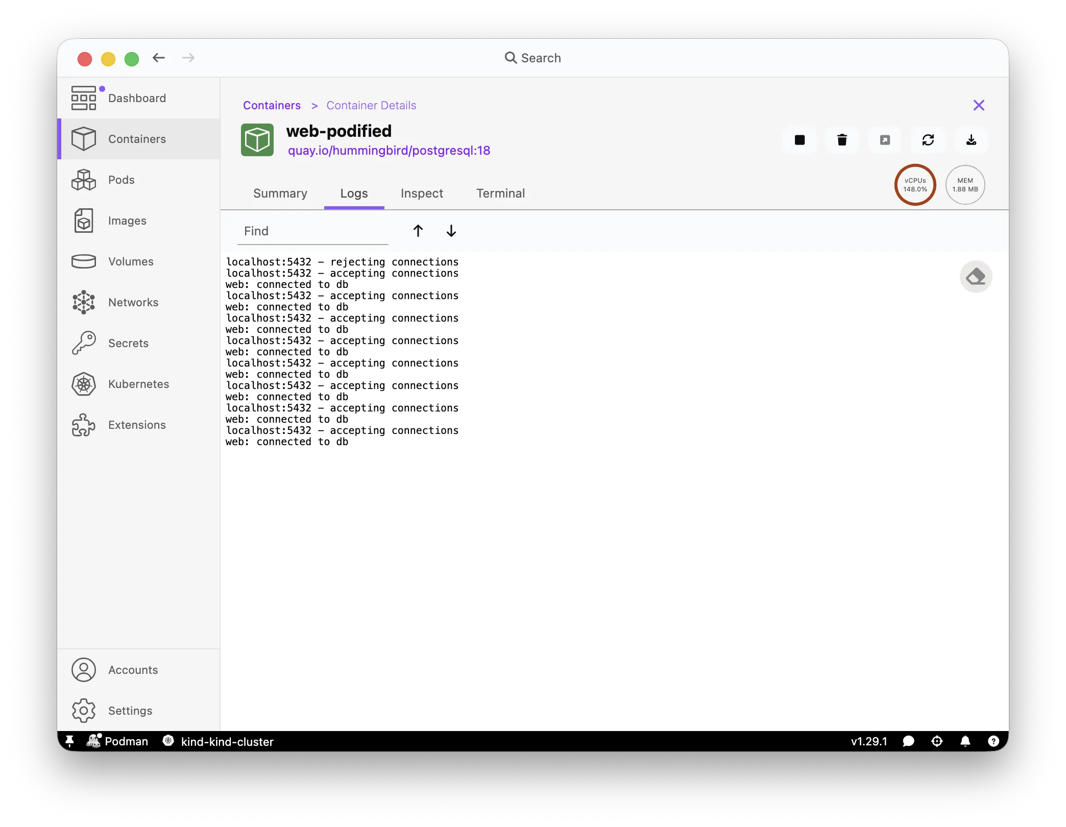 Podman Desktop web container logs showing localhost connectivity to db