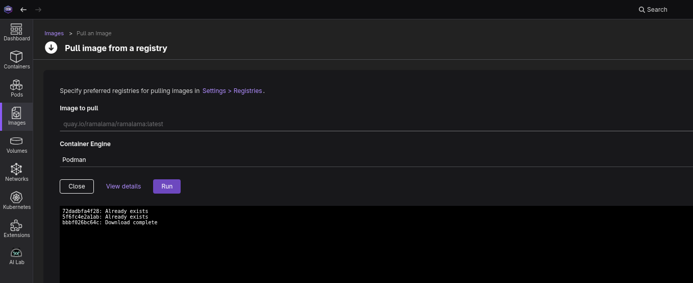 Pull image completed with Open Details and Run buttons