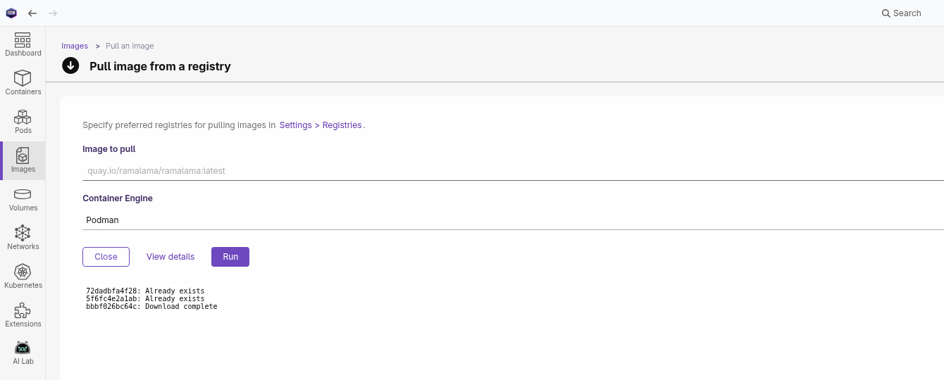 Pull image completed with Open Details and Run buttons