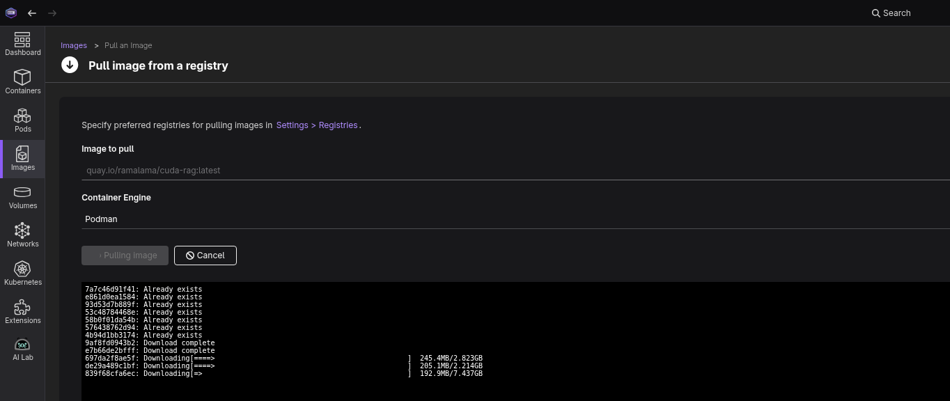 Pull image in progress with cancel button