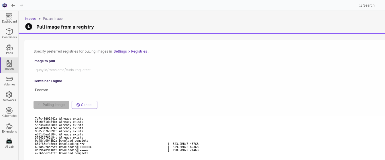 Pull image in progress with cancel button