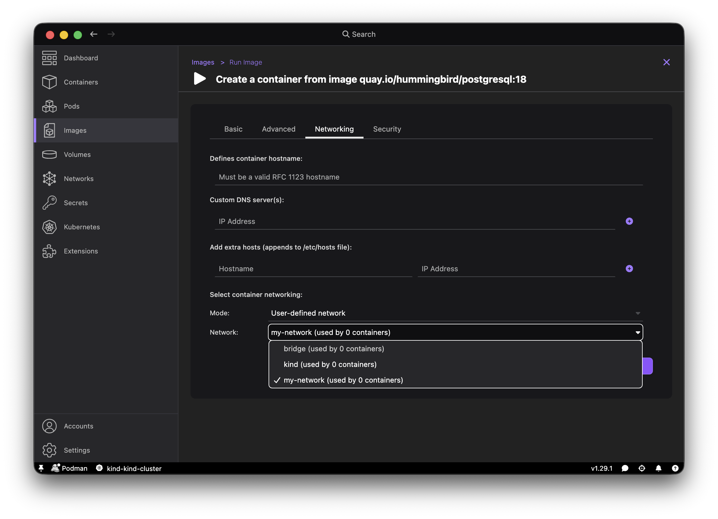 Podman Desktop run container dialog with network selection