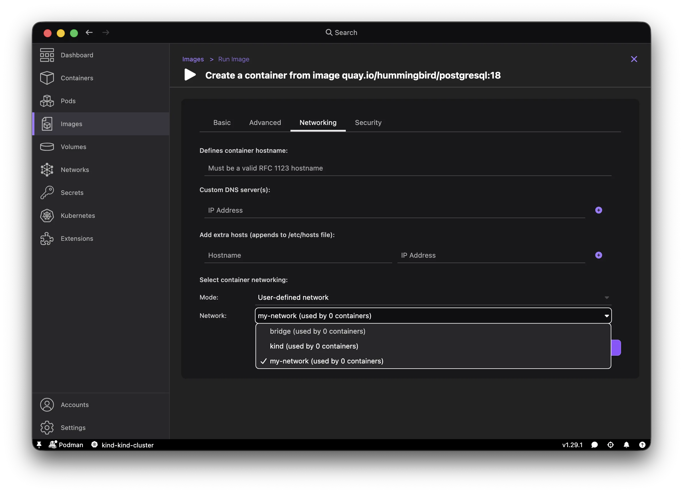 Podman Desktop run container dialog with network selection