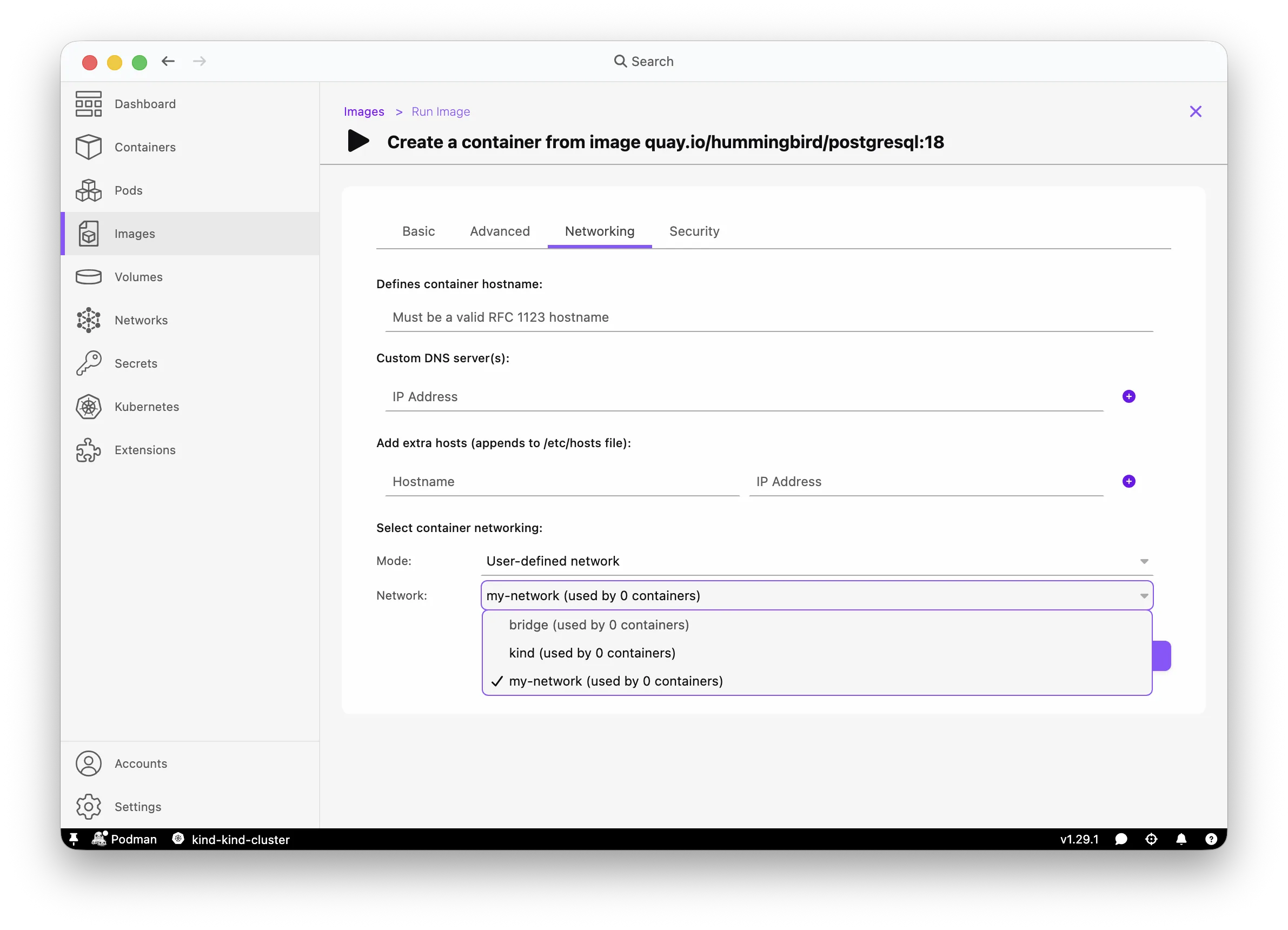 Podman Desktop run container dialog with network selection