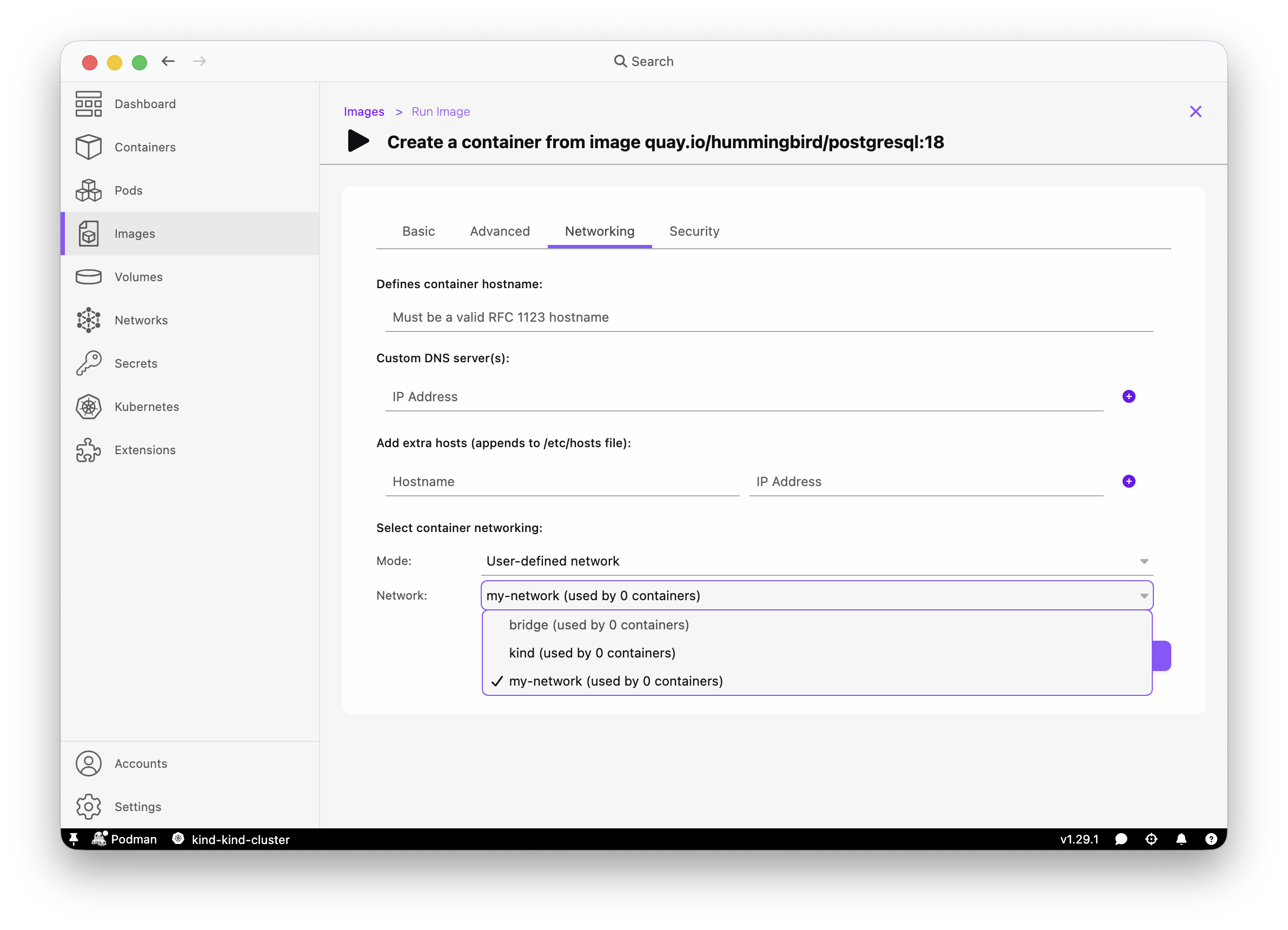 Podman Desktop run container dialog with network selection