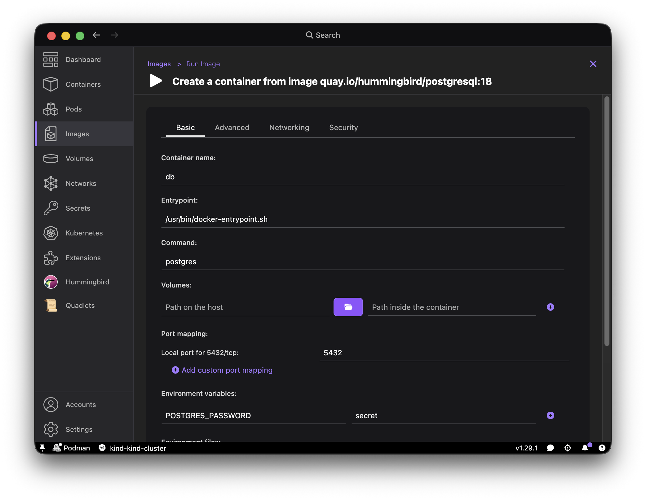 Podman Desktop run db container with POSTGRES_PASSWORD env variable