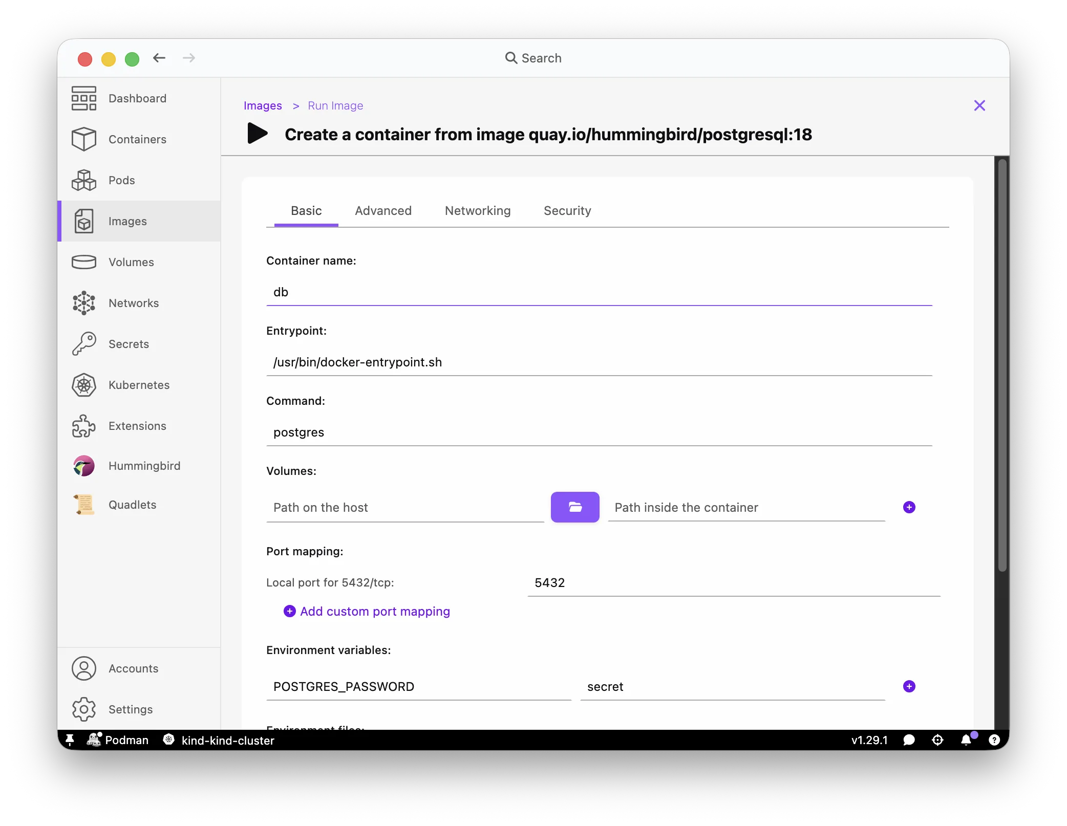 Podman Desktop run db container with POSTGRES_PASSWORD env variable