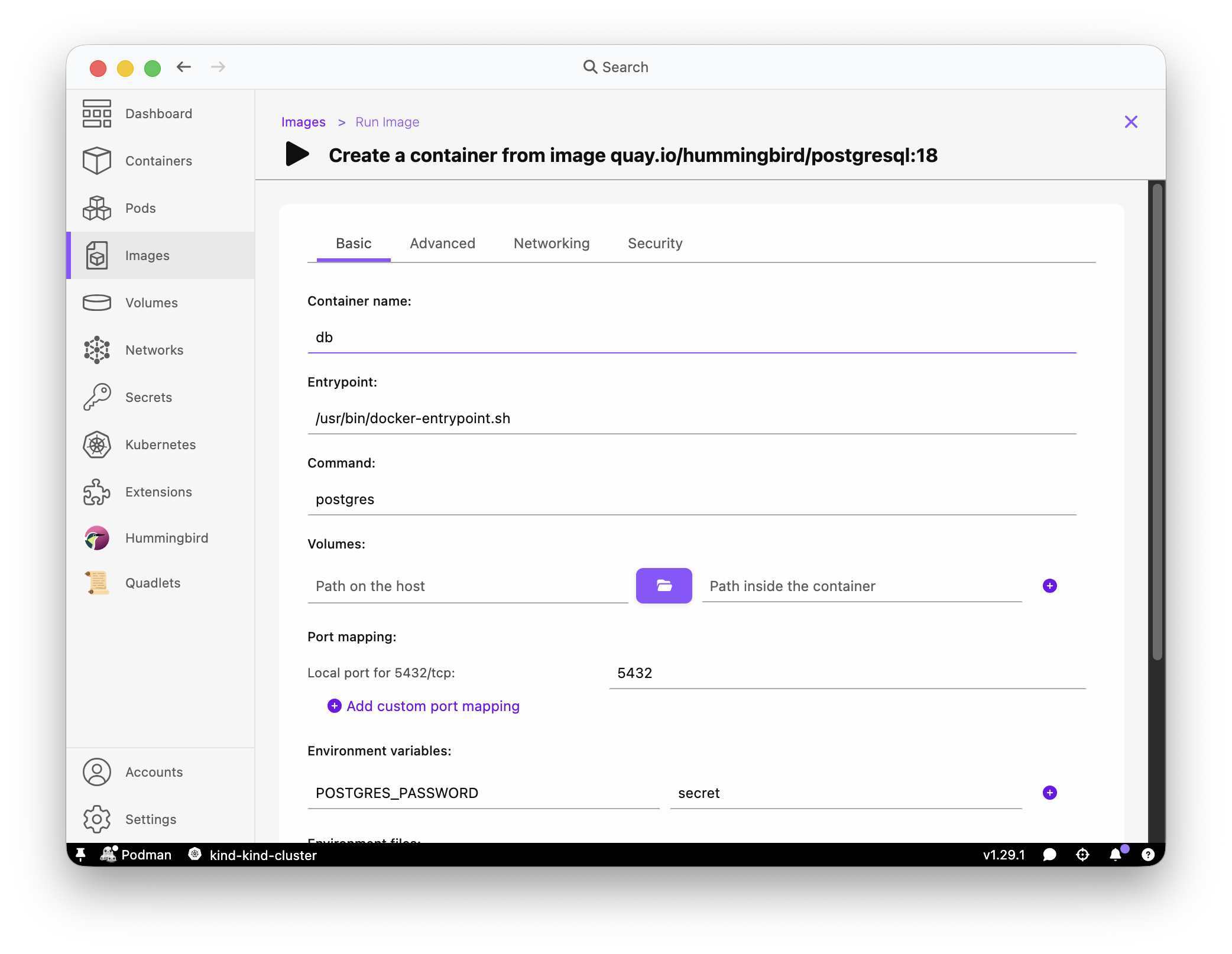Podman Desktop run db container with POSTGRES_PASSWORD env variable