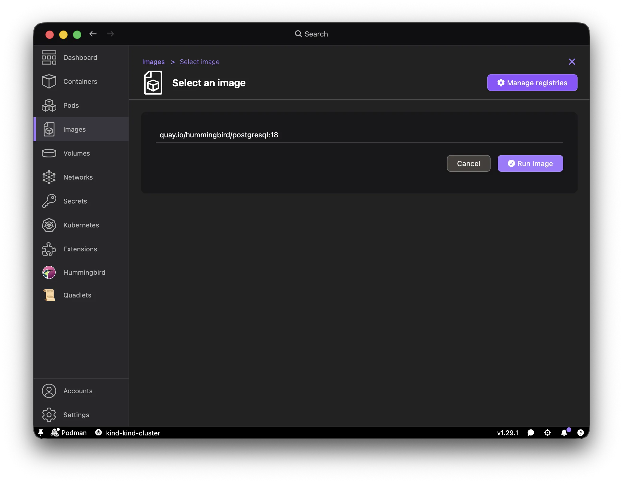 Podman Desktop run existing image hummingbird postgresql