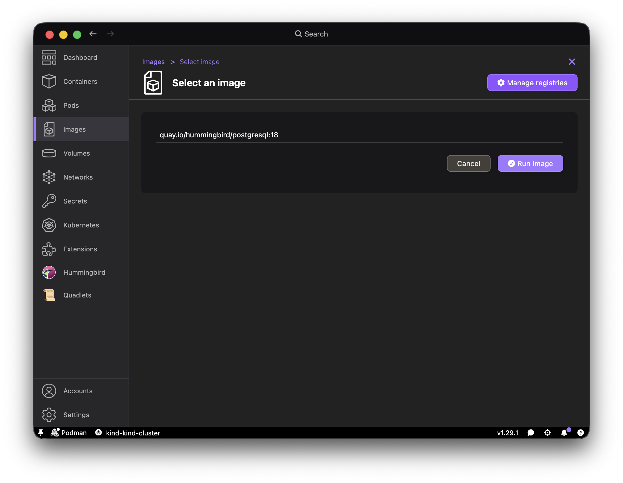 Podman Desktop run existing image hummingbird postgresql