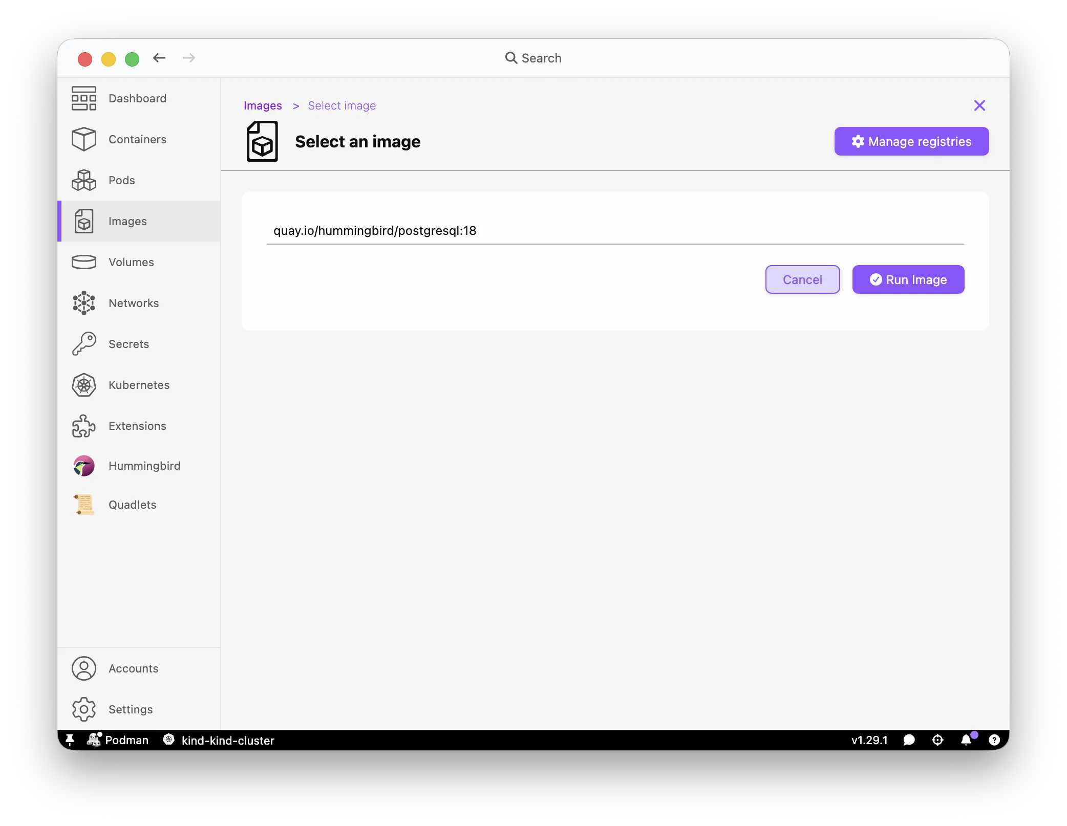 Podman Desktop run existing image hummingbird postgresql